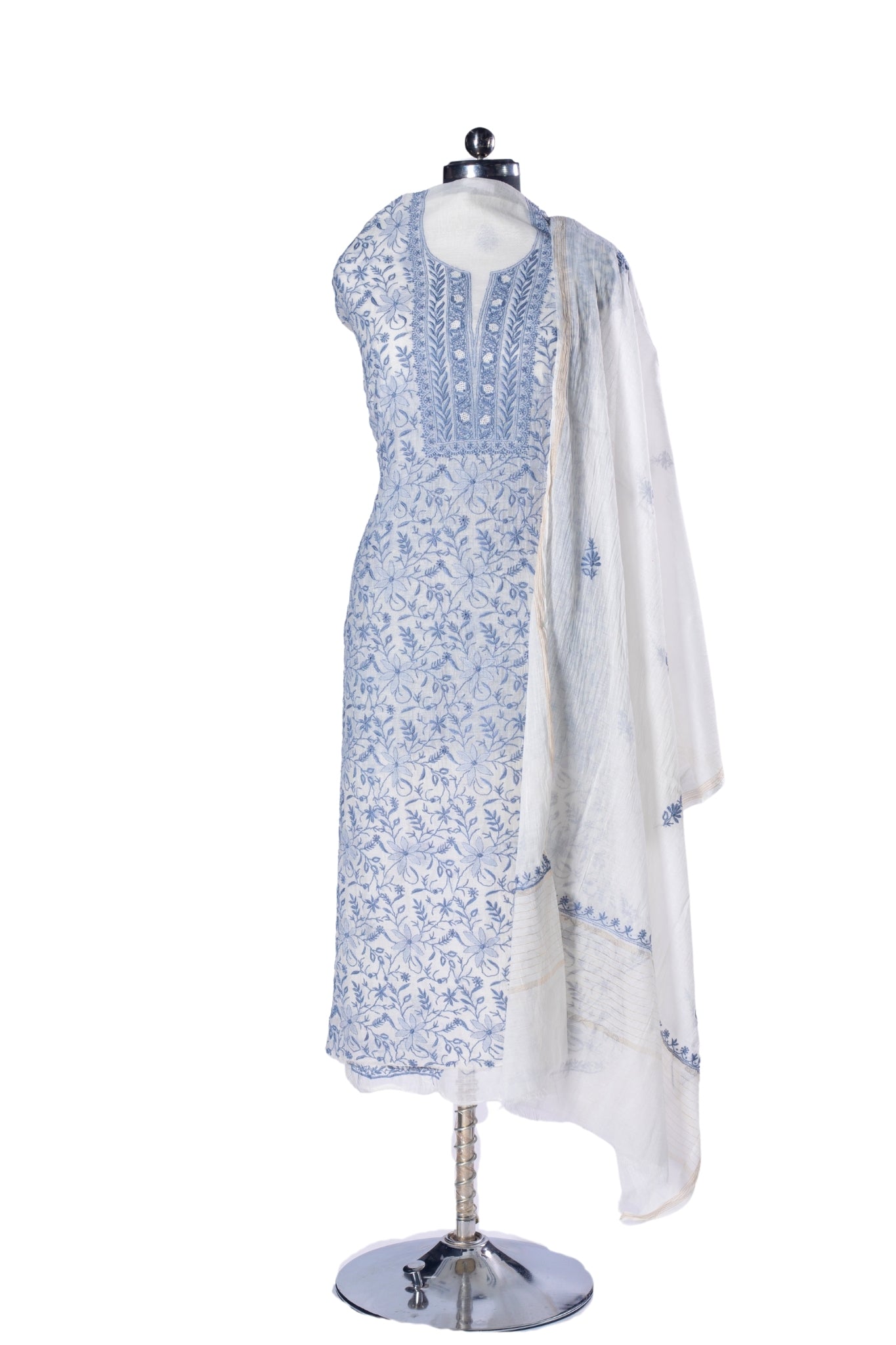Mul Chanderi Chikankari Suit with Full Jaal Work (3 Piece, Unstitched, Off-White/Grey)