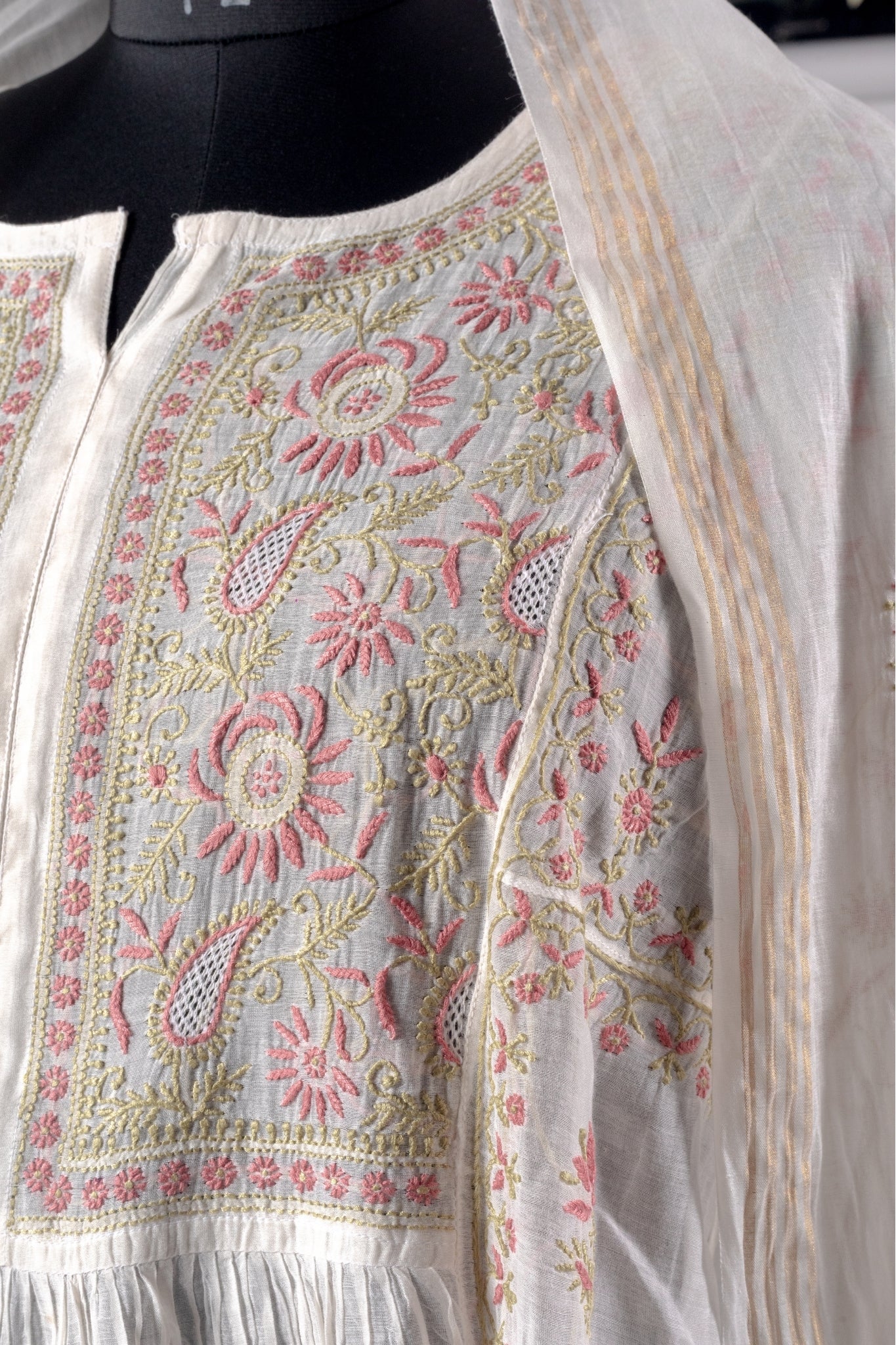 Mul Chanderi Semi-stitched Chikankari Anarkali Suit (3 Piece, Off-White with Coloured Embroidery)