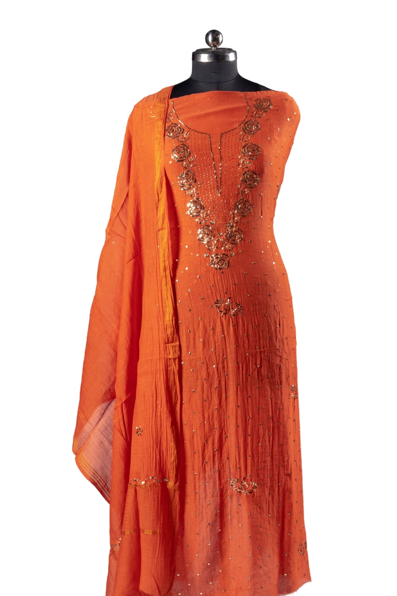 Mul Chanderi Chikankari Suit with Mukaish Work (3 Piece, Unstitched, Rust)
