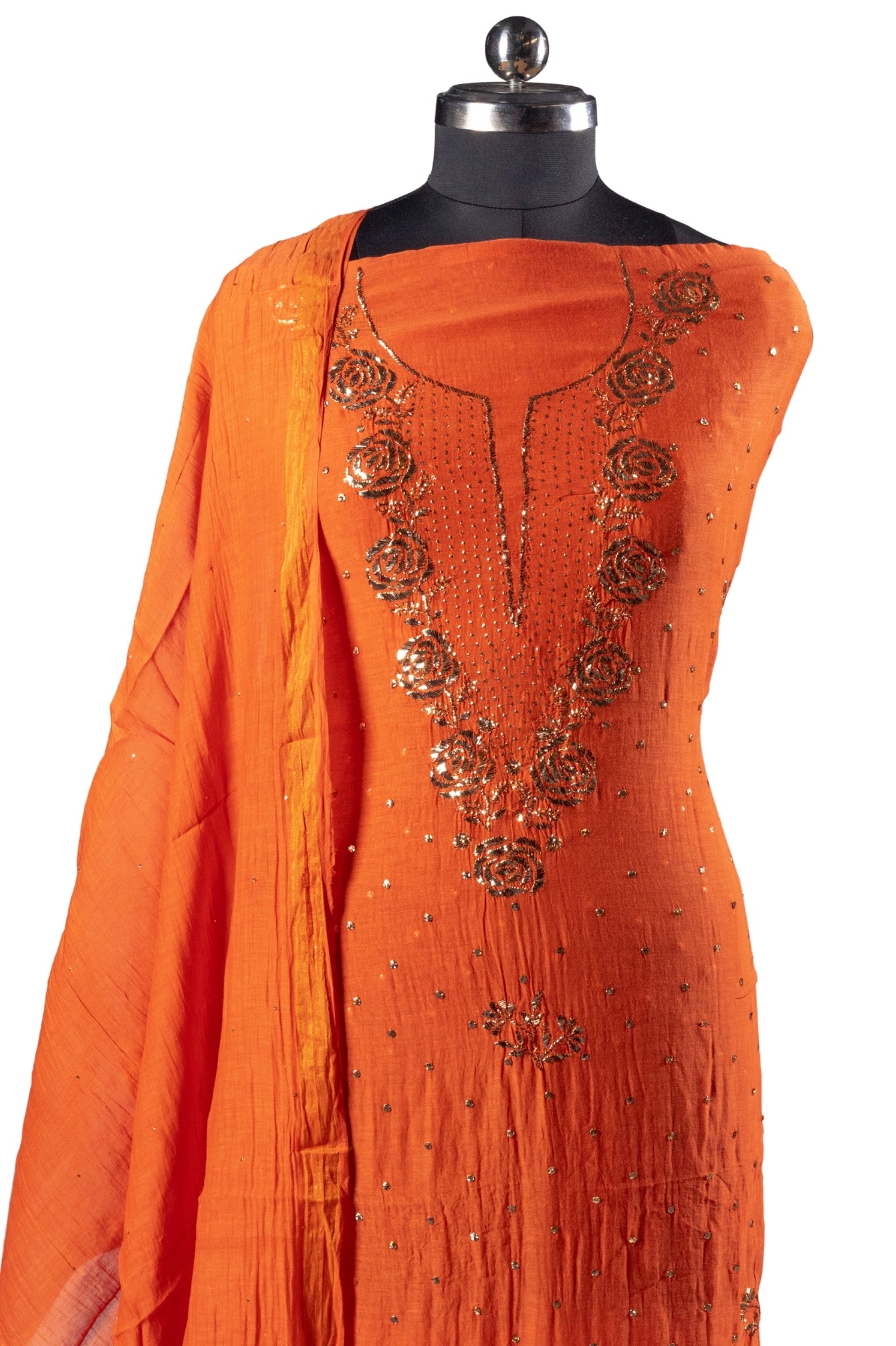 Mul Chanderi Chikankari Suit with Mukaish Work (3 Piece, Unstitched, Rust)