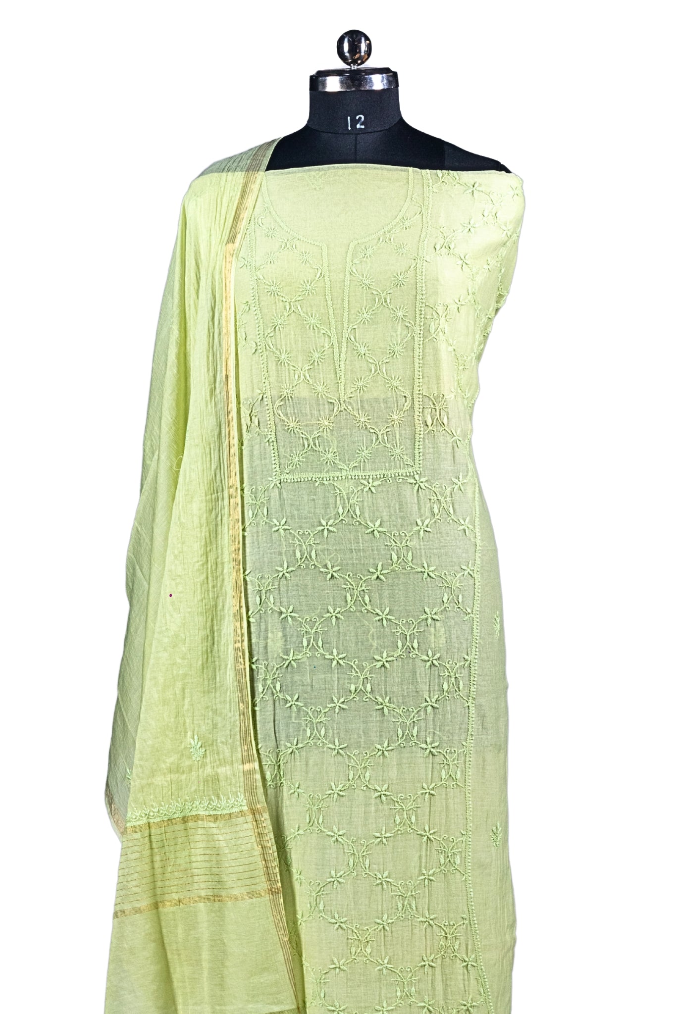 Mul Chikankari Suit with Panel Work (3 Piece, Unstitched, Lime)