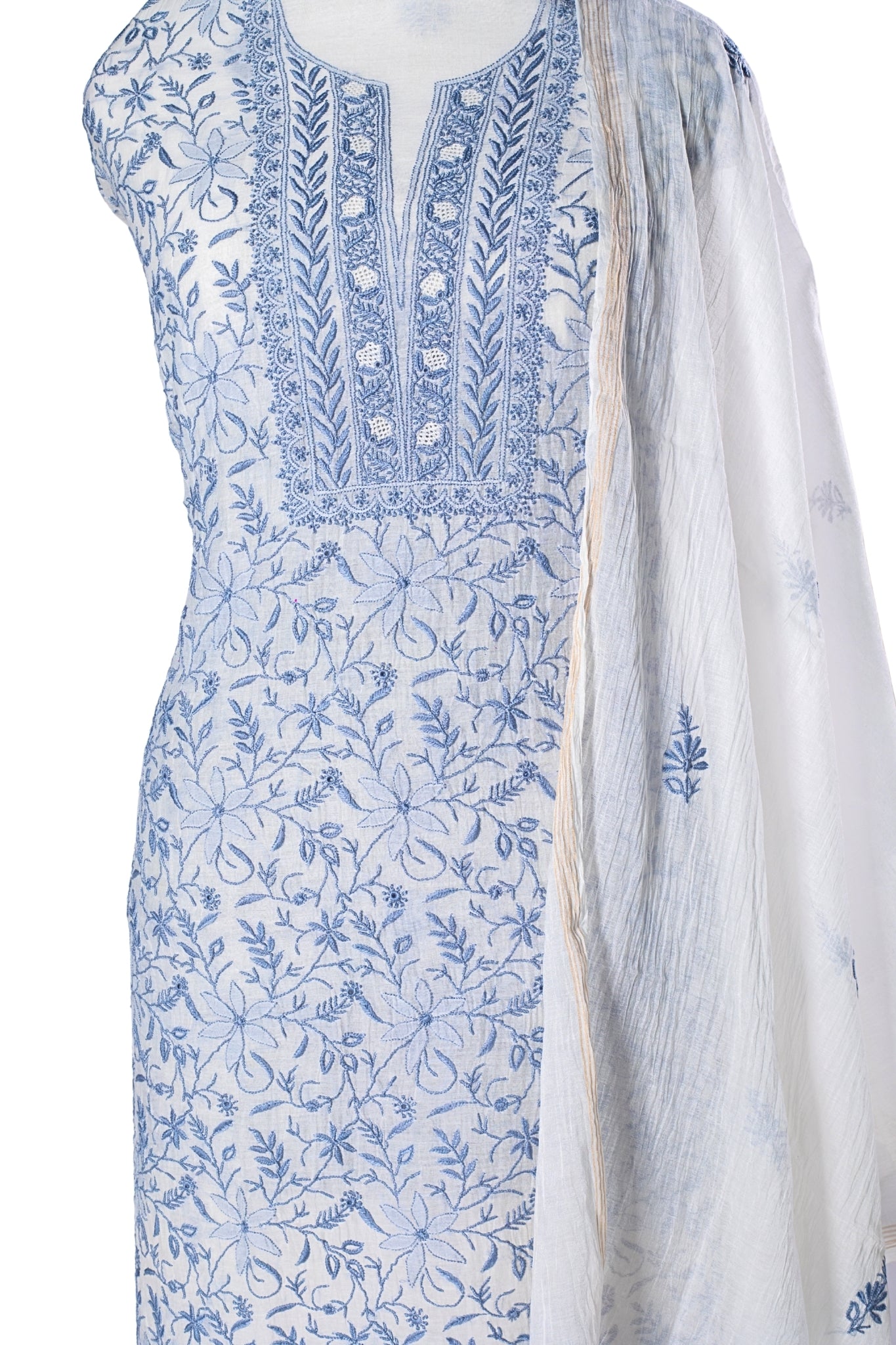 Mul Chanderi Chikankari Suit with Full Jaal Work (3 Piece, Unstitched, Off-White/Grey)