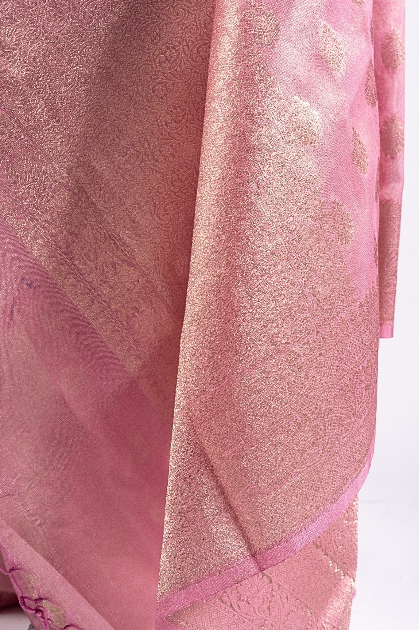 Onion Pink Banarasi Tissue Silk Saree with Gold Zari Work