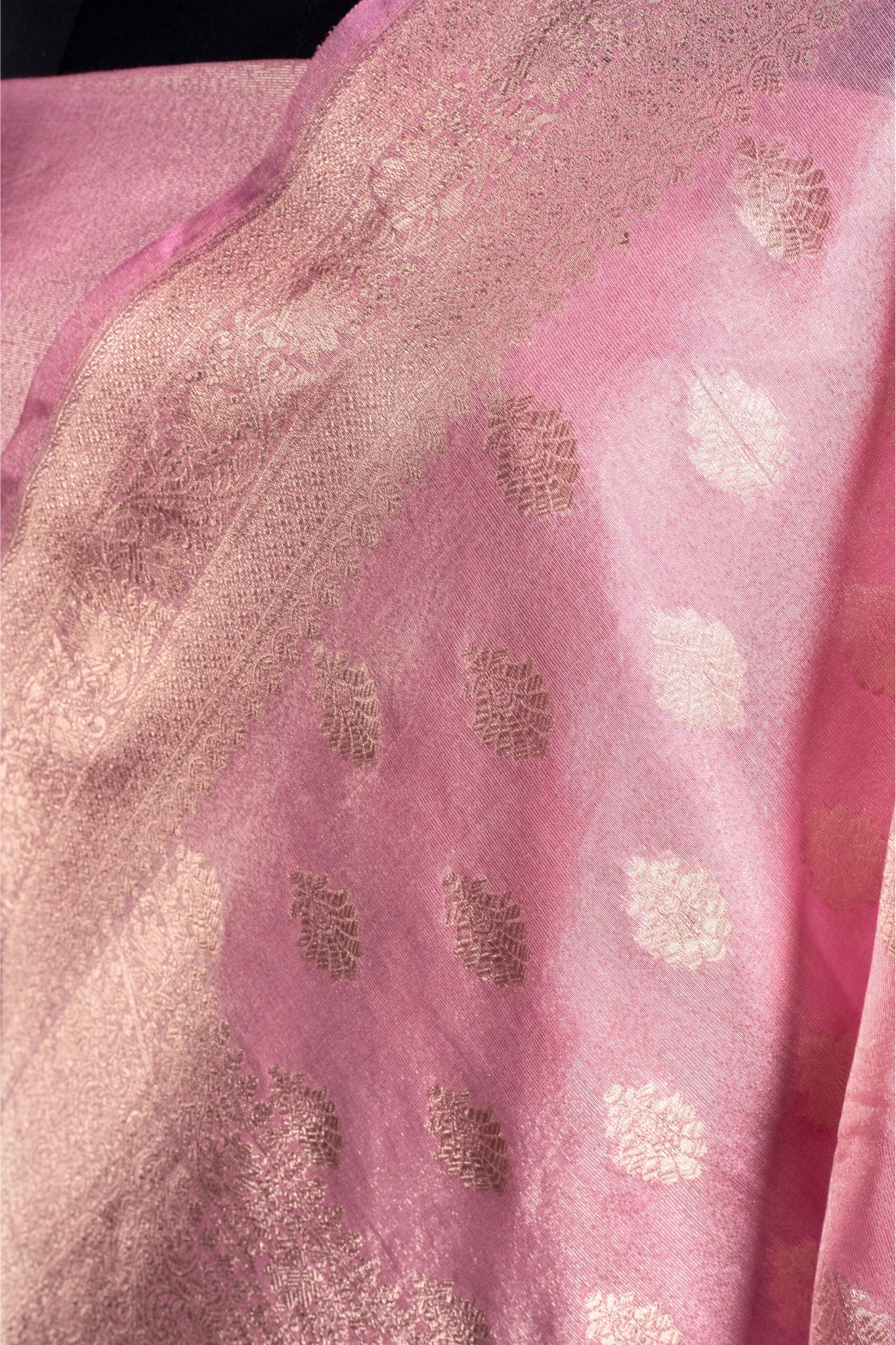 Onion Pink Banarasi Tissue Silk Saree with Gold Zari Work