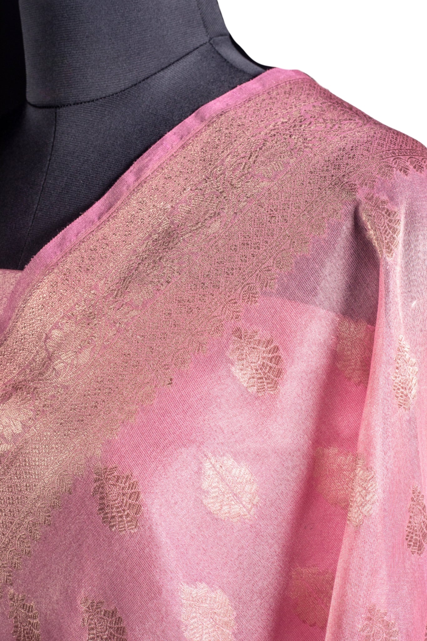 Onion Pink Banarasi Tissue Silk Saree with Gold Zari Work