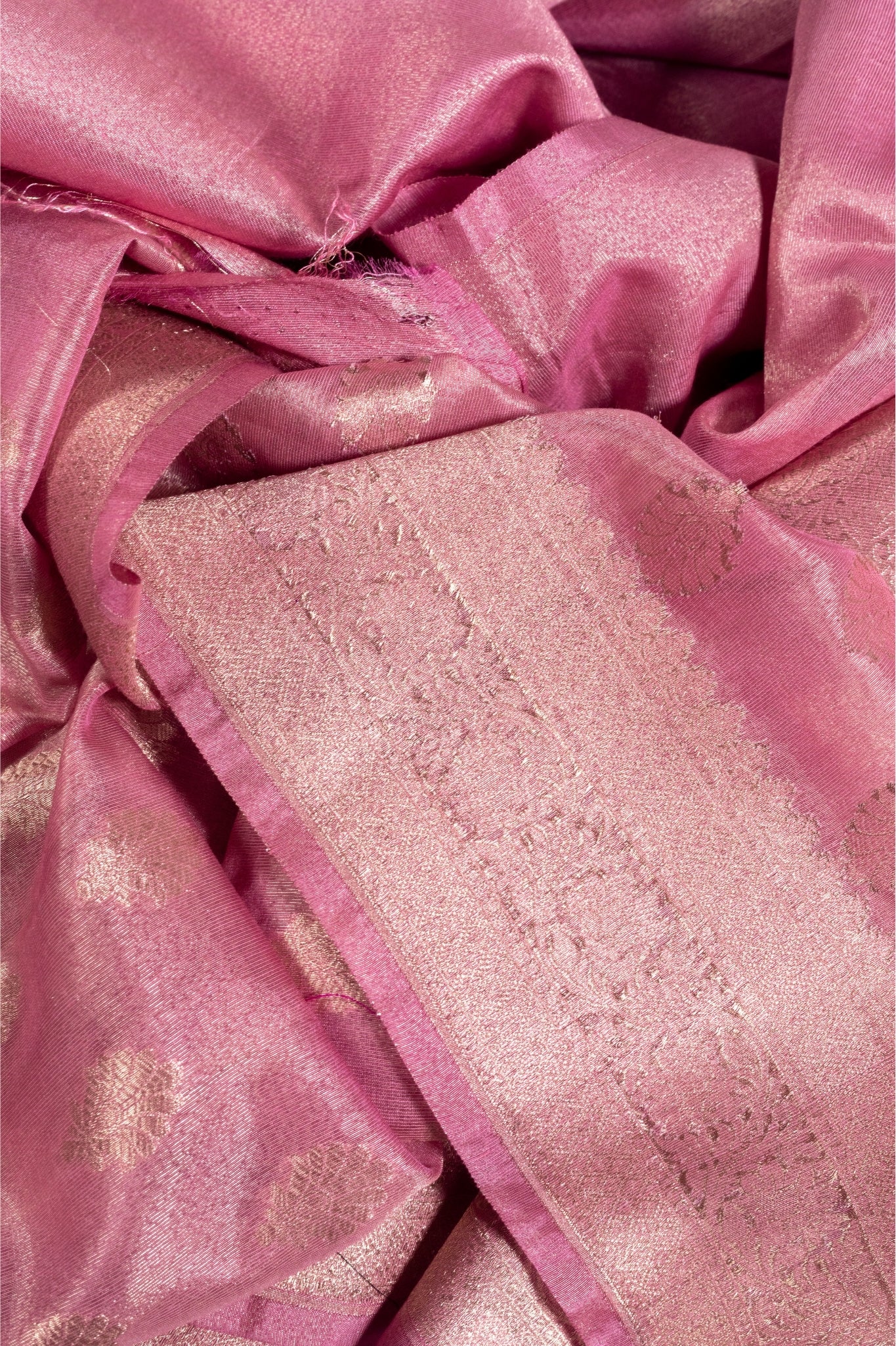 Onion Pink Banarasi Tissue Silk Saree with Gold Zari Work