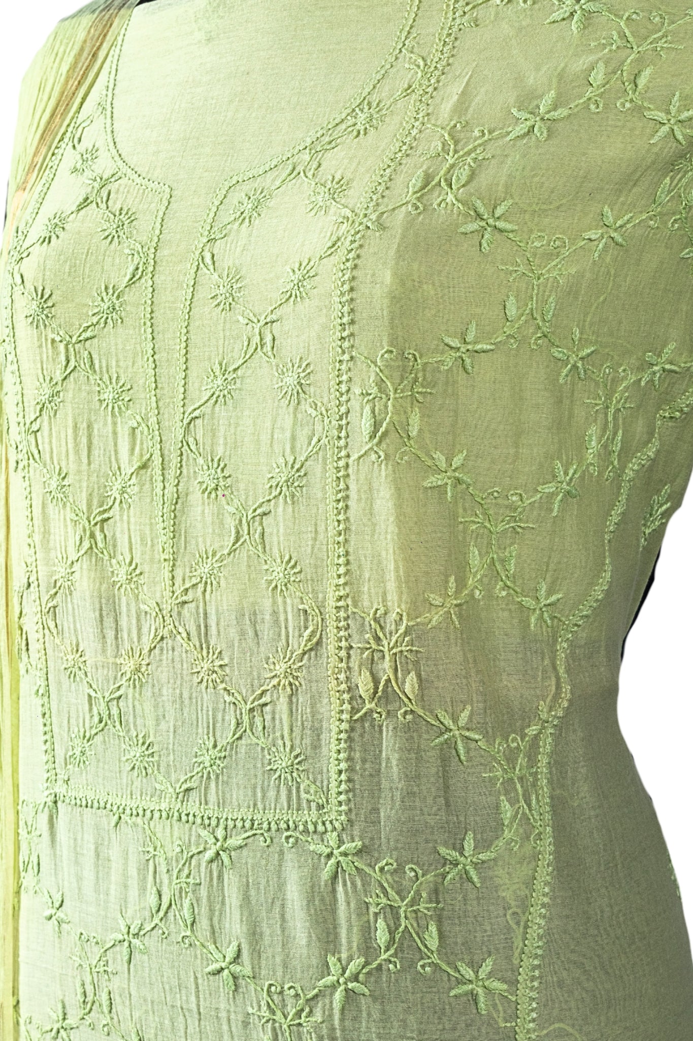 Mul Chikankari Suit with Panel Work (3 Piece, Unstitched, Lime)
