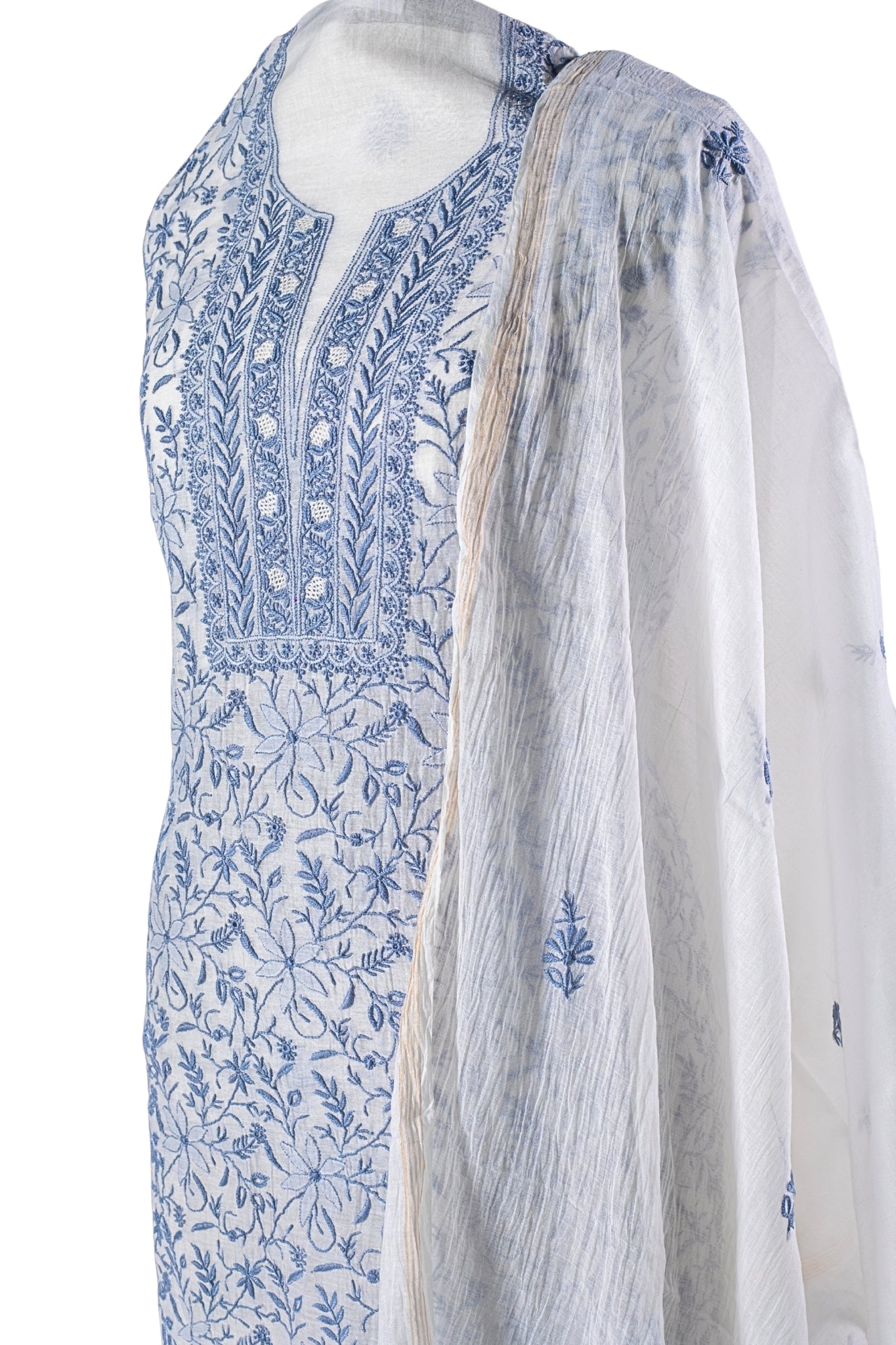 Mul Chanderi Chikankari Suit with Full Jaal Work (3 Piece, Unstitched, Off-White/Grey)