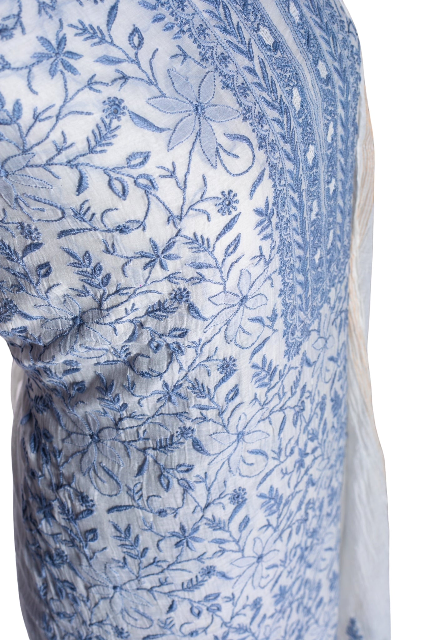 Mul Chanderi Chikankari Suit with Full Jaal Work (3 Piece, Unstitched, Off-White/Grey)