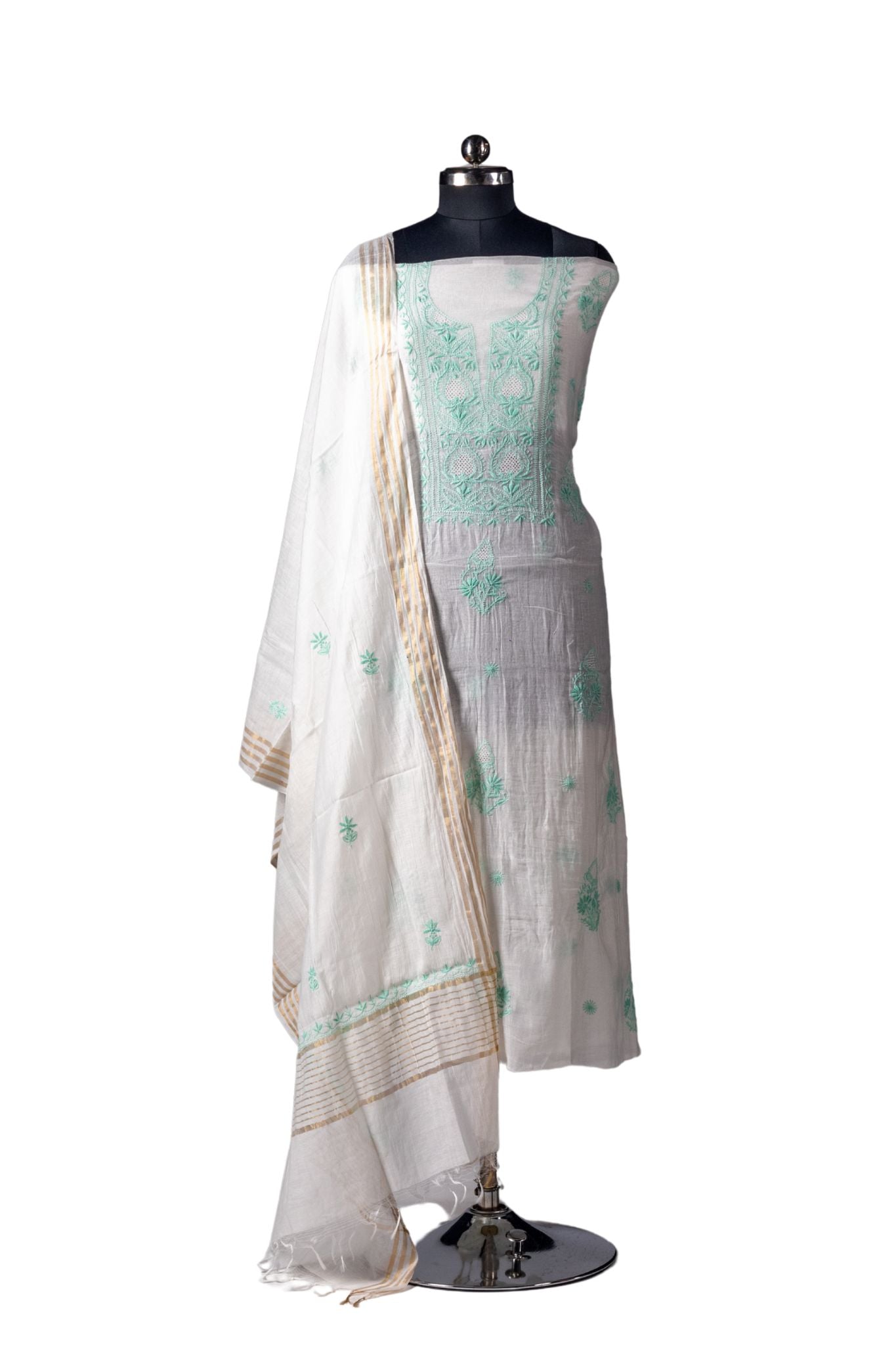 Mul Chikankari Suit with Gala Buti Work (3 Piece, Unstitched, White/Green)