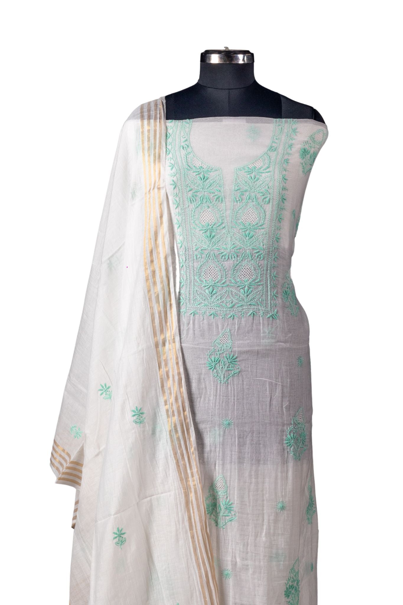 Mul Chikankari Suit with Gala Buti Work (3 Piece, Unstitched, White/Green)