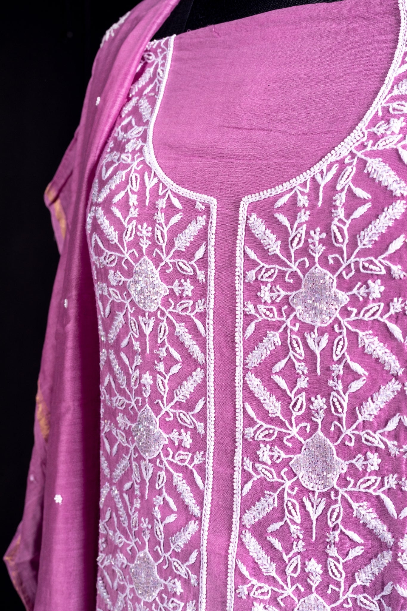 Mul Chanderi Chikankari Suit with Cutdana Moti Work (3 Piece, Unstitched, Mauve)