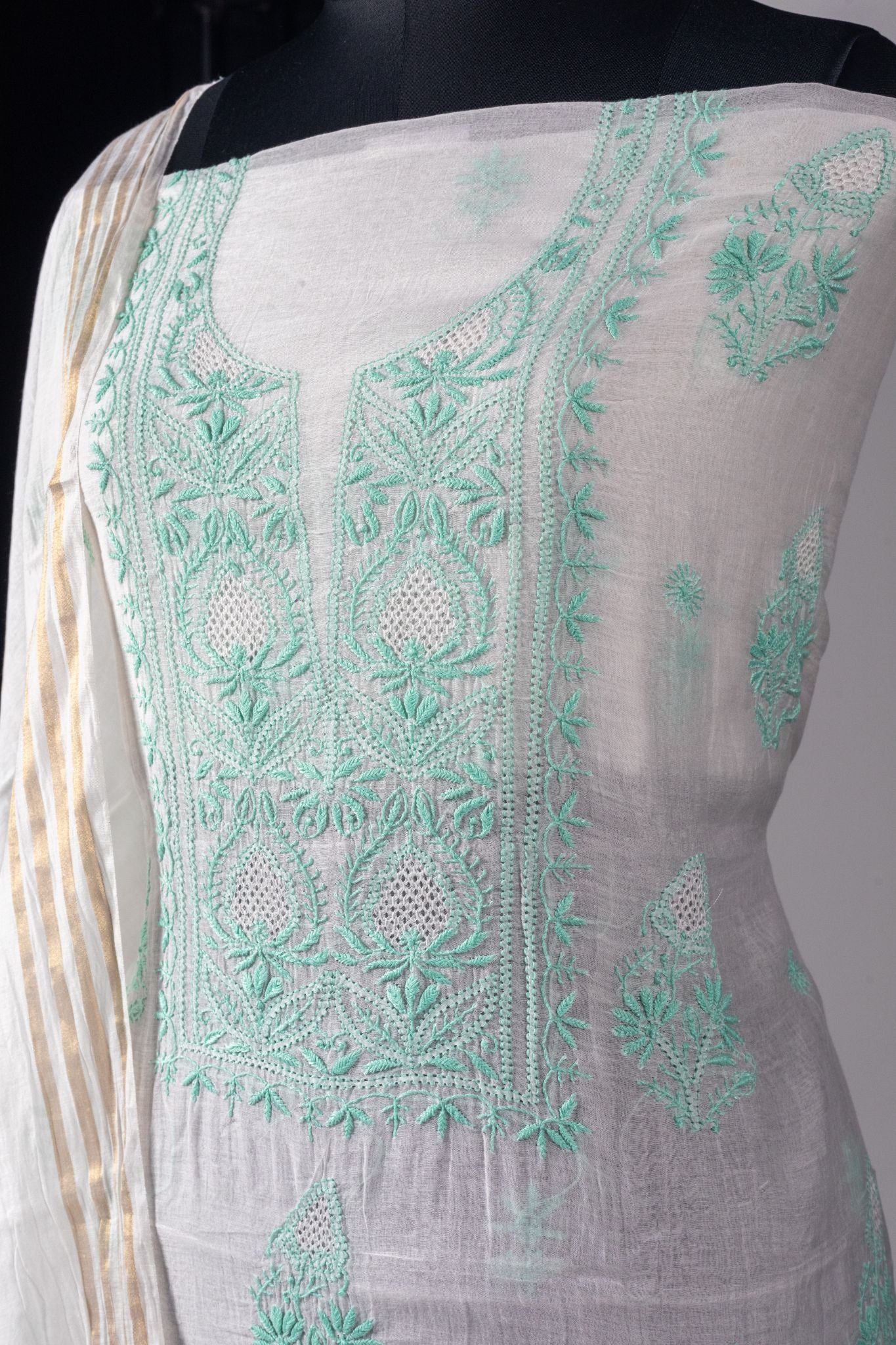 Mul Chikankari Suit with Gala Buti Work (3 Piece, Unstitched, White/Green)