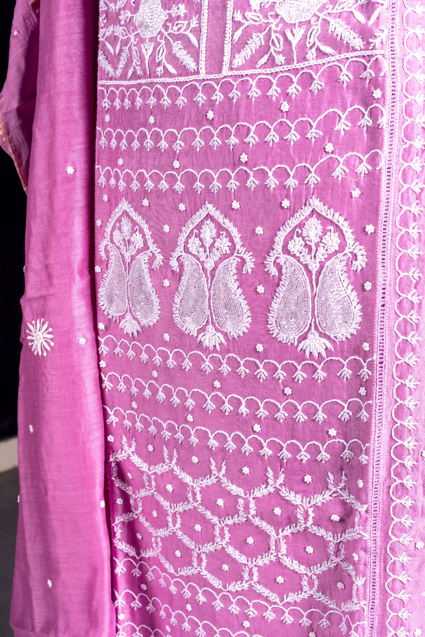 Mul Chanderi Chikankari Suit with Cutdana Moti Work (3 Piece, Unstitched, Mauve)