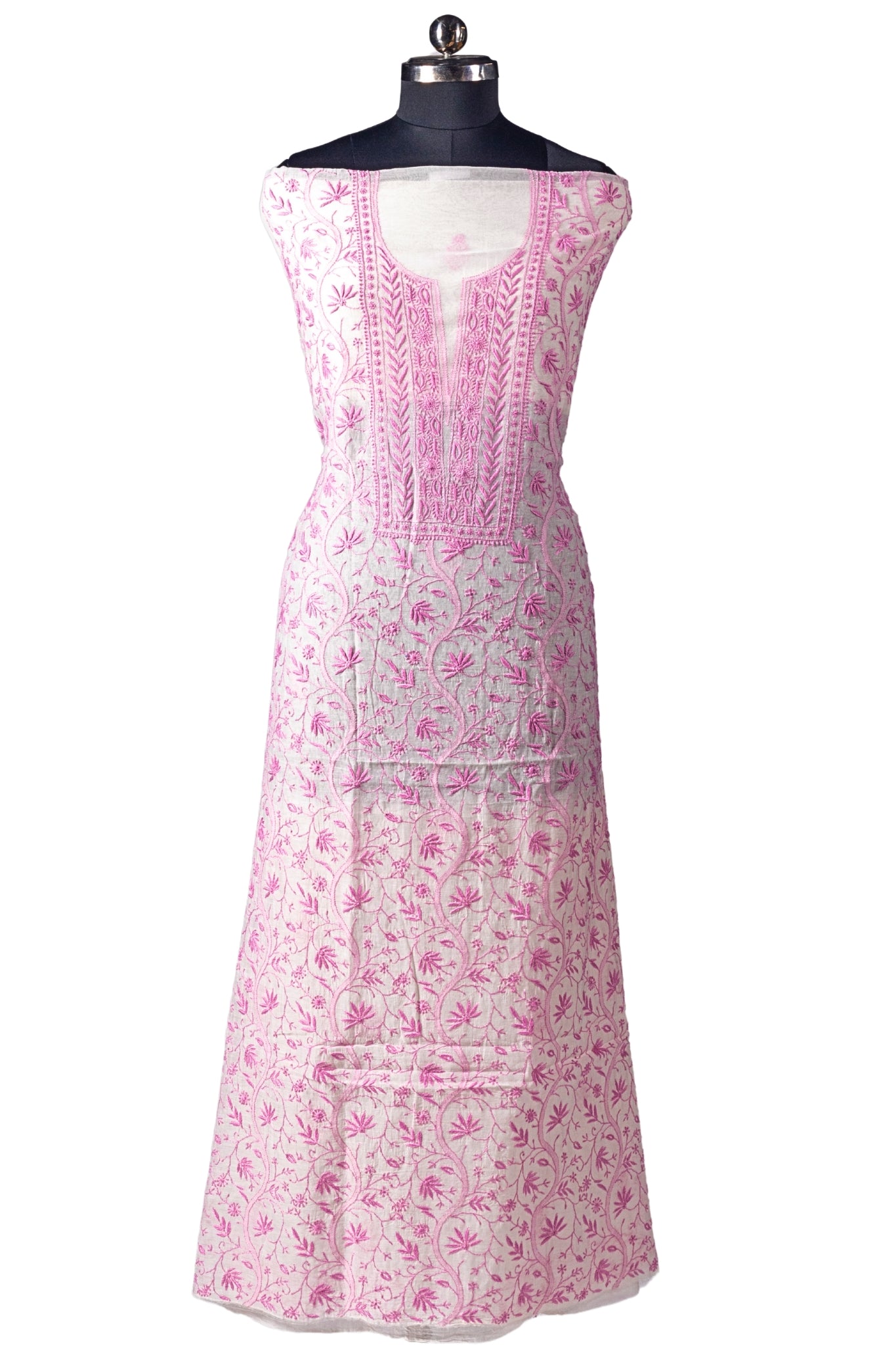 Mul Chanderi Chikankari Suit with Full Jaal Work (3 Piece, Unstitched, Off-White/Pink)