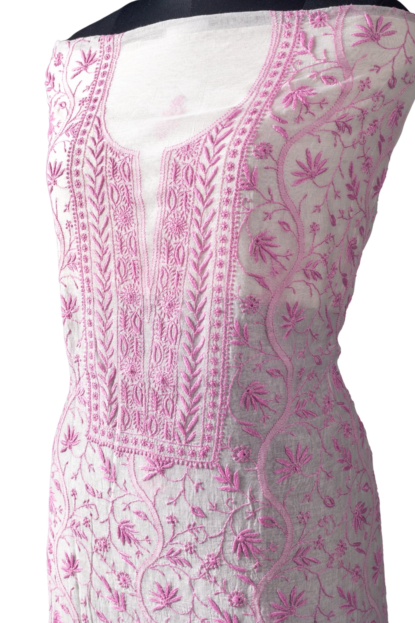 Mul Chanderi Chikankari Suit with Full Jaal Work (3 Piece, Unstitched, Off-White/Pink)