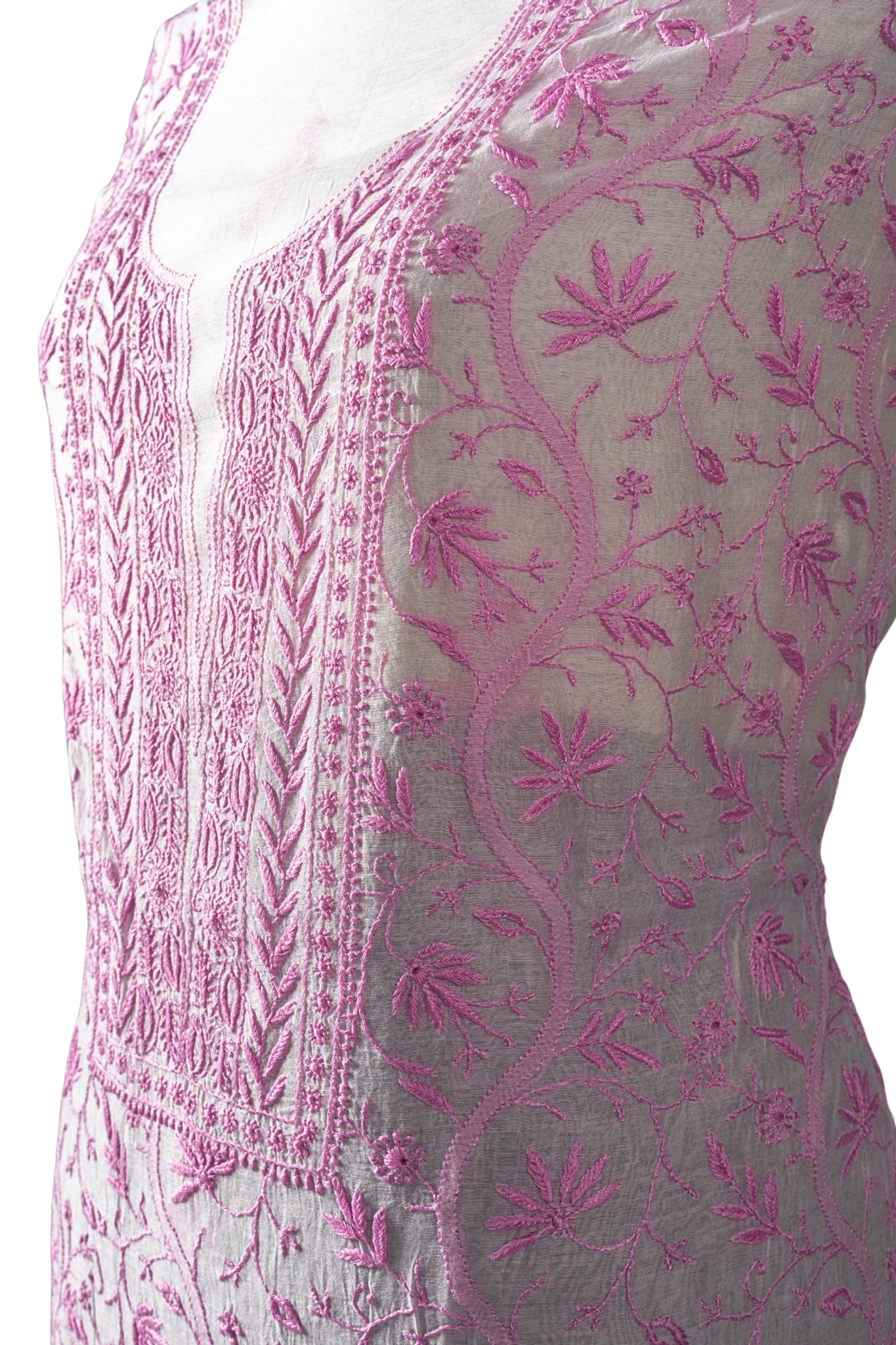 Mul Chanderi Chikankari Suit with Full Jaal Work (3 Piece, Unstitched, Off-White/Pink)