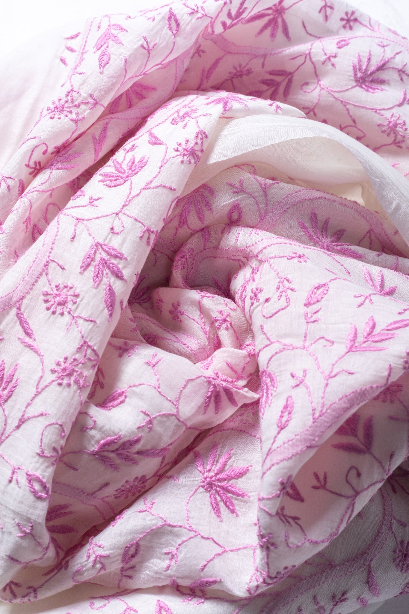 Mul Chanderi Chikankari Suit with Full Jaal Work (3 Piece, Unstitched, Off-White/Pink)