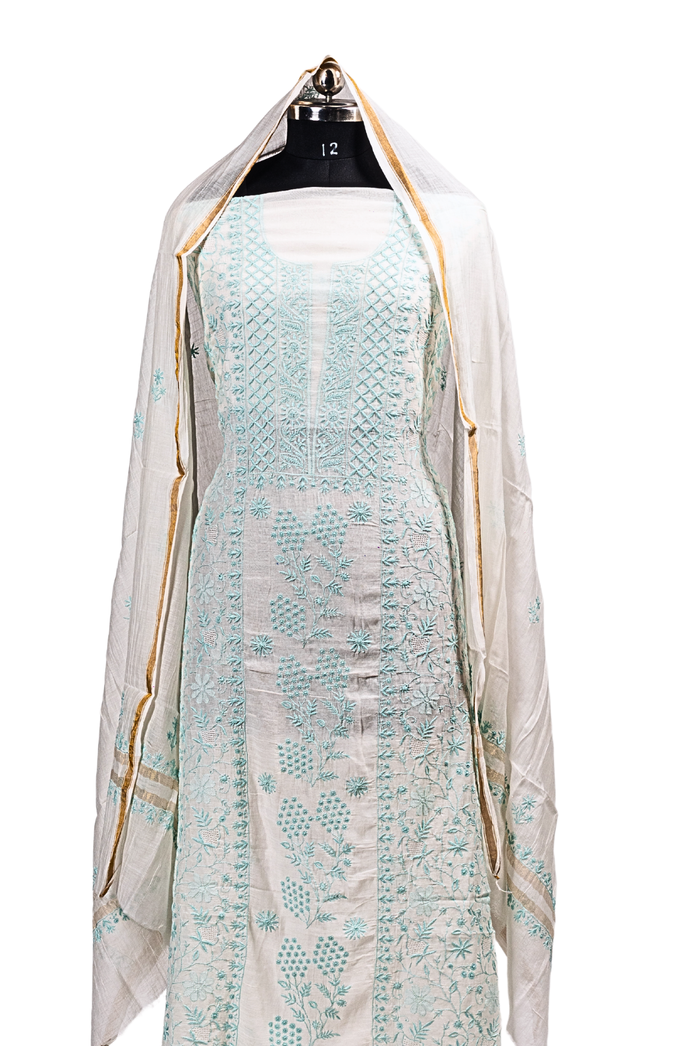 Mul Chanderi Chikankari Suit with Full Jaal Work (3 Piece, Unstitched, Off-White/Aqua Blue)