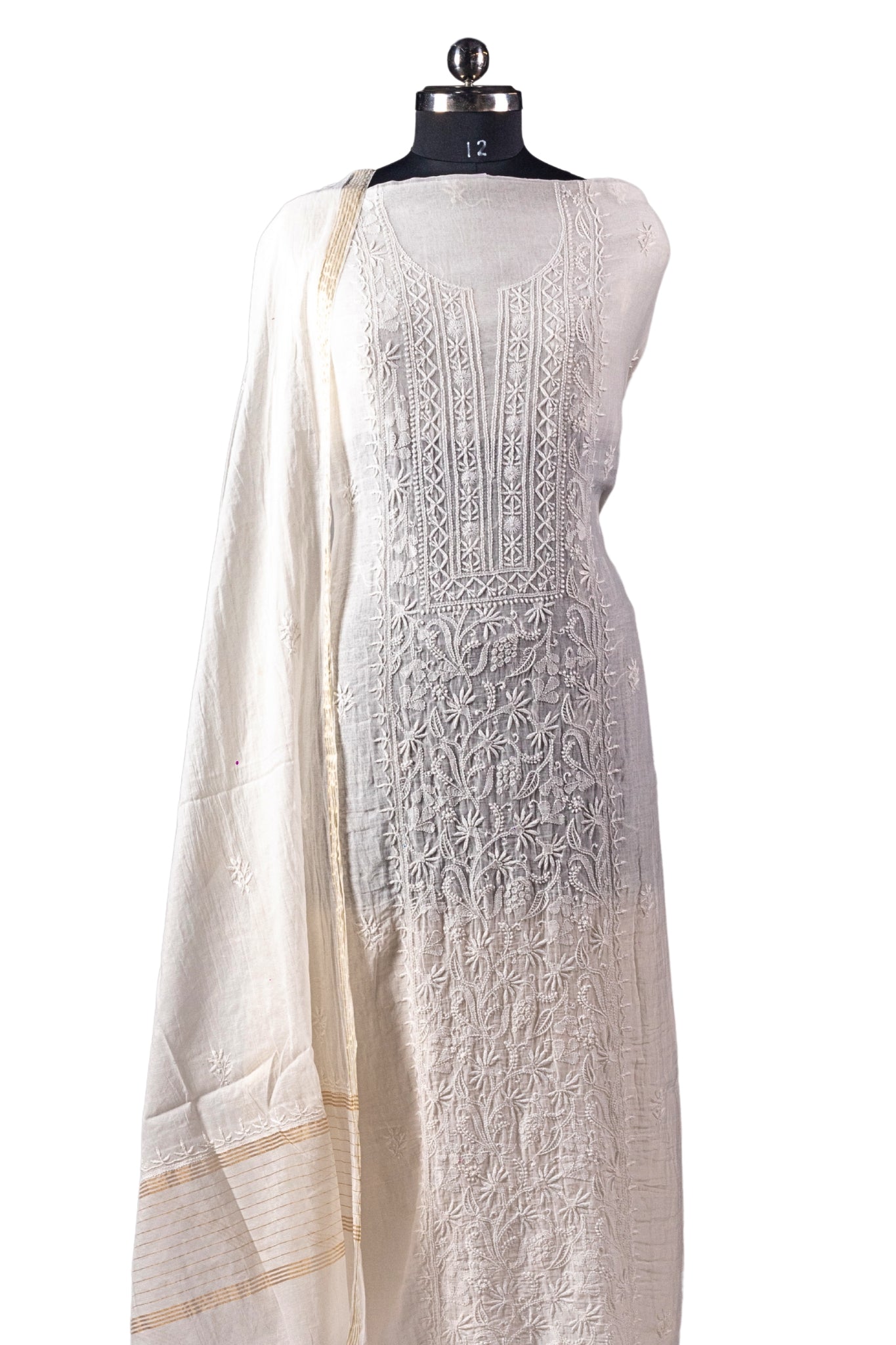 Mul Chikankari Suit with Panel Work (3 Piece, Unstitched, White)