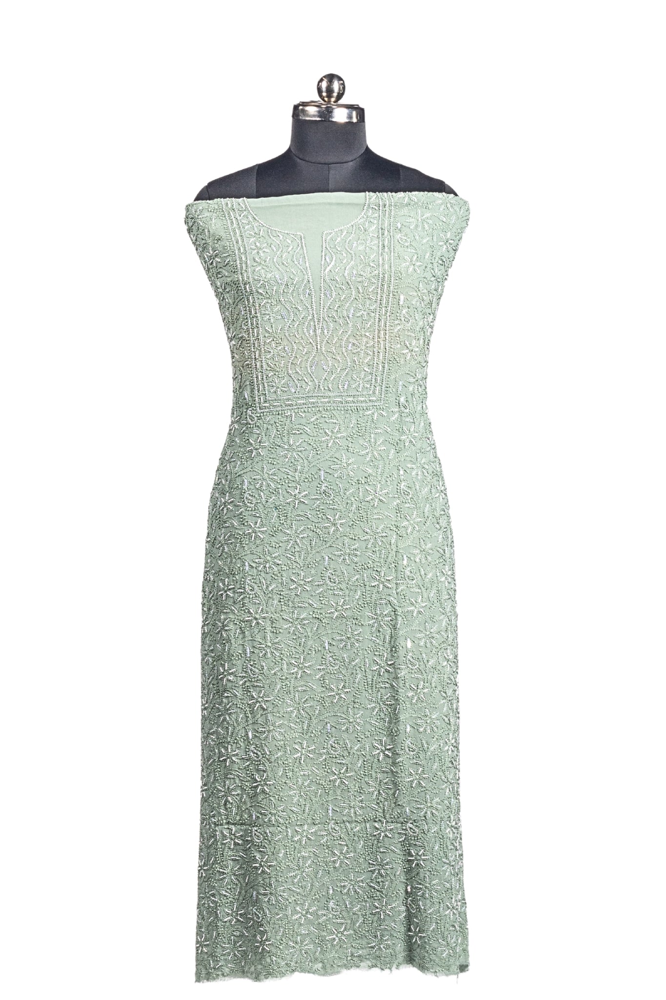 Viscose Georgette Chikankari Suit with Cutdana, Moti & Silk Embroidery Work (4 Piece, Unstitched, Sea Green)