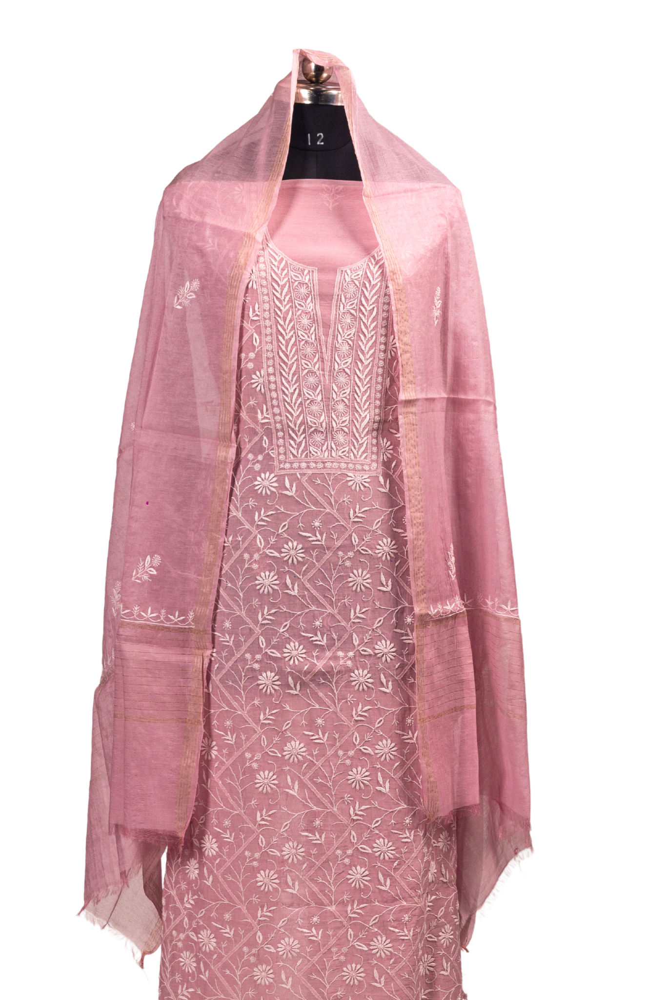Mul Chanderi Chikankari Suit with Phool Patti & Jaal Work (3 Piece, Unstitched, Onion Pink)