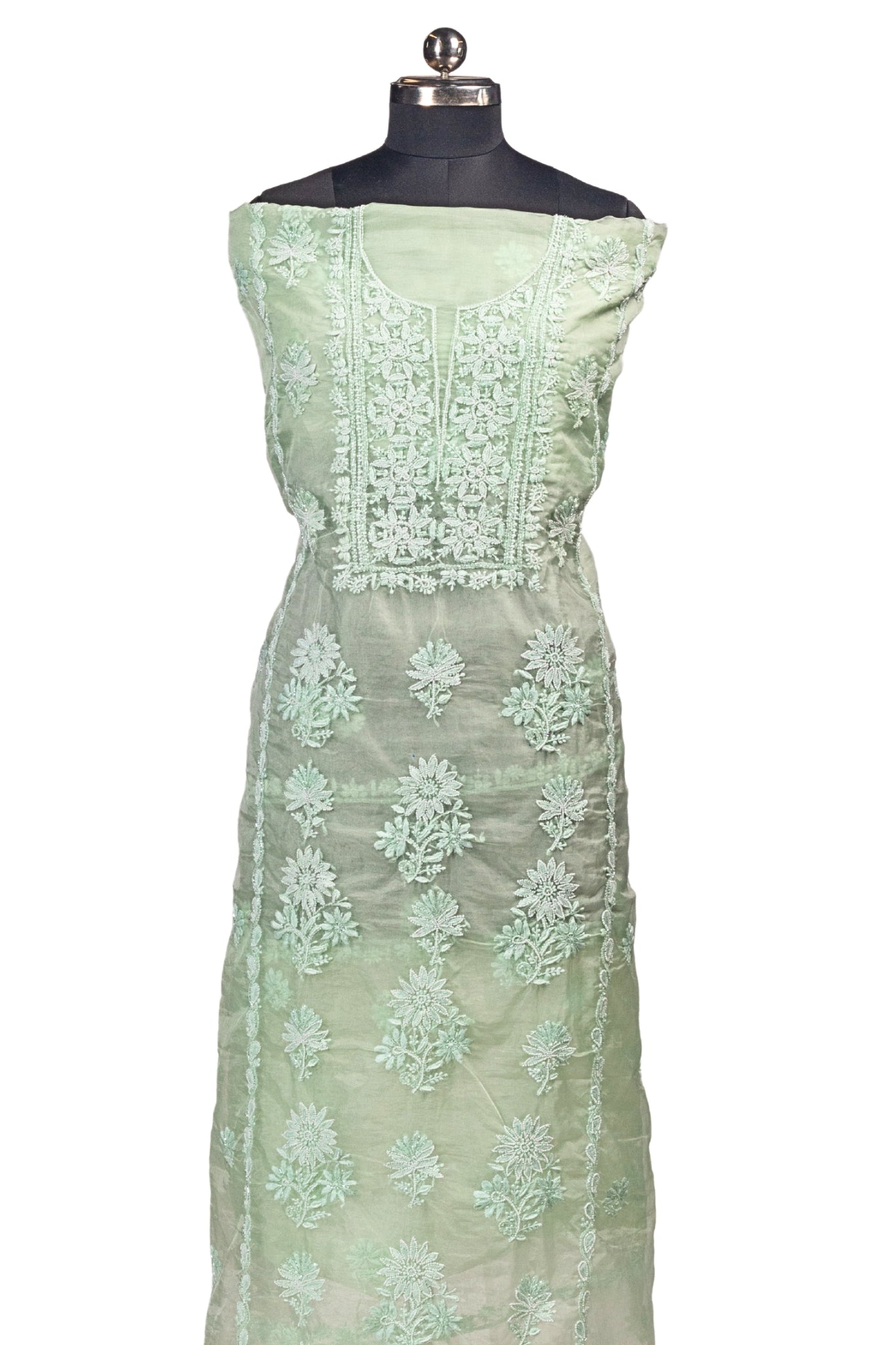 Organza Chikankari Suit with Cutdana Moti Work(4 Piece, Unstitched, Sea Green)