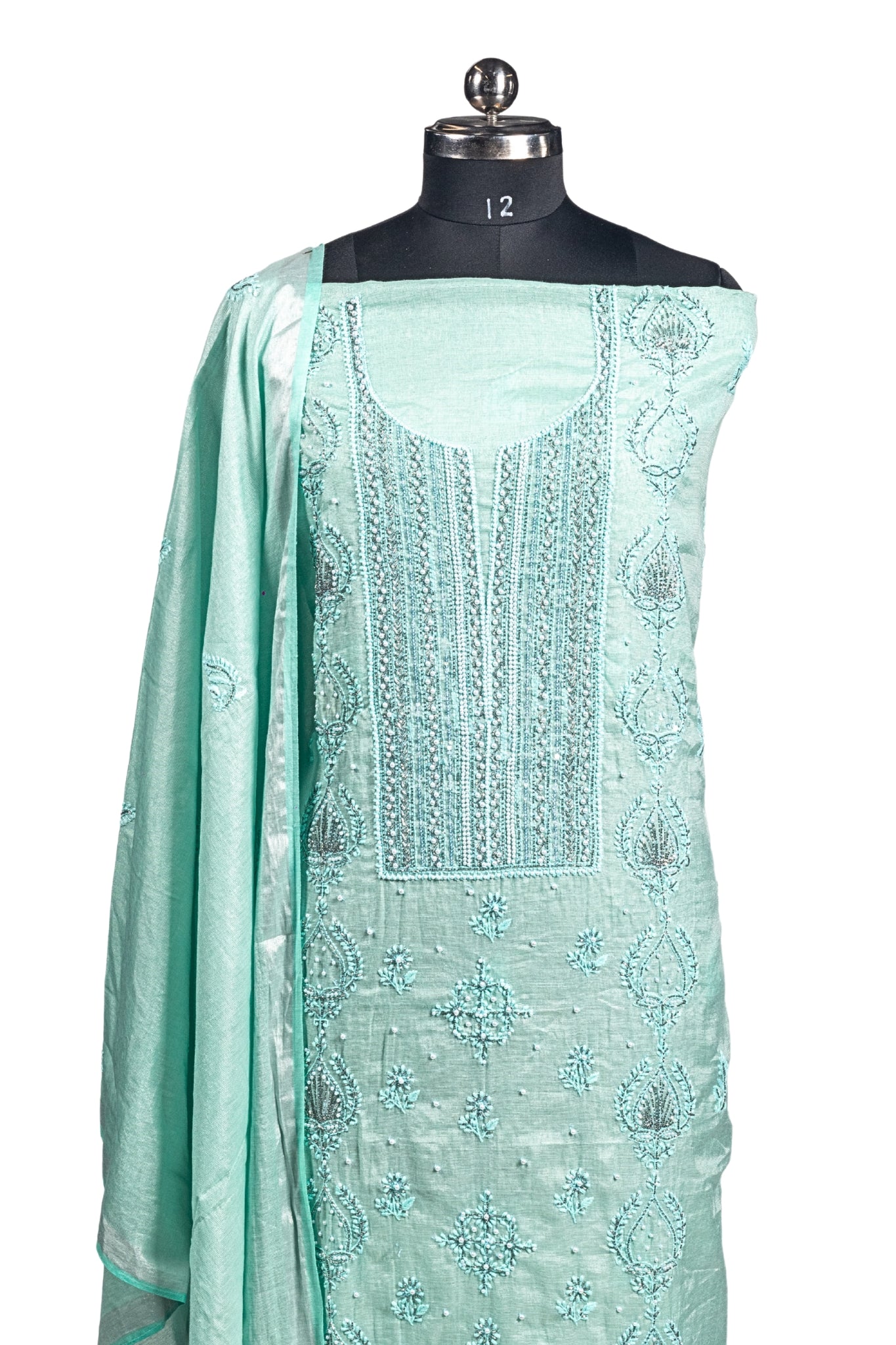 Tissue Chikankari Suit with Cutdana Moti & Add On Work (3 Piece, Unstitched, Sea Green)