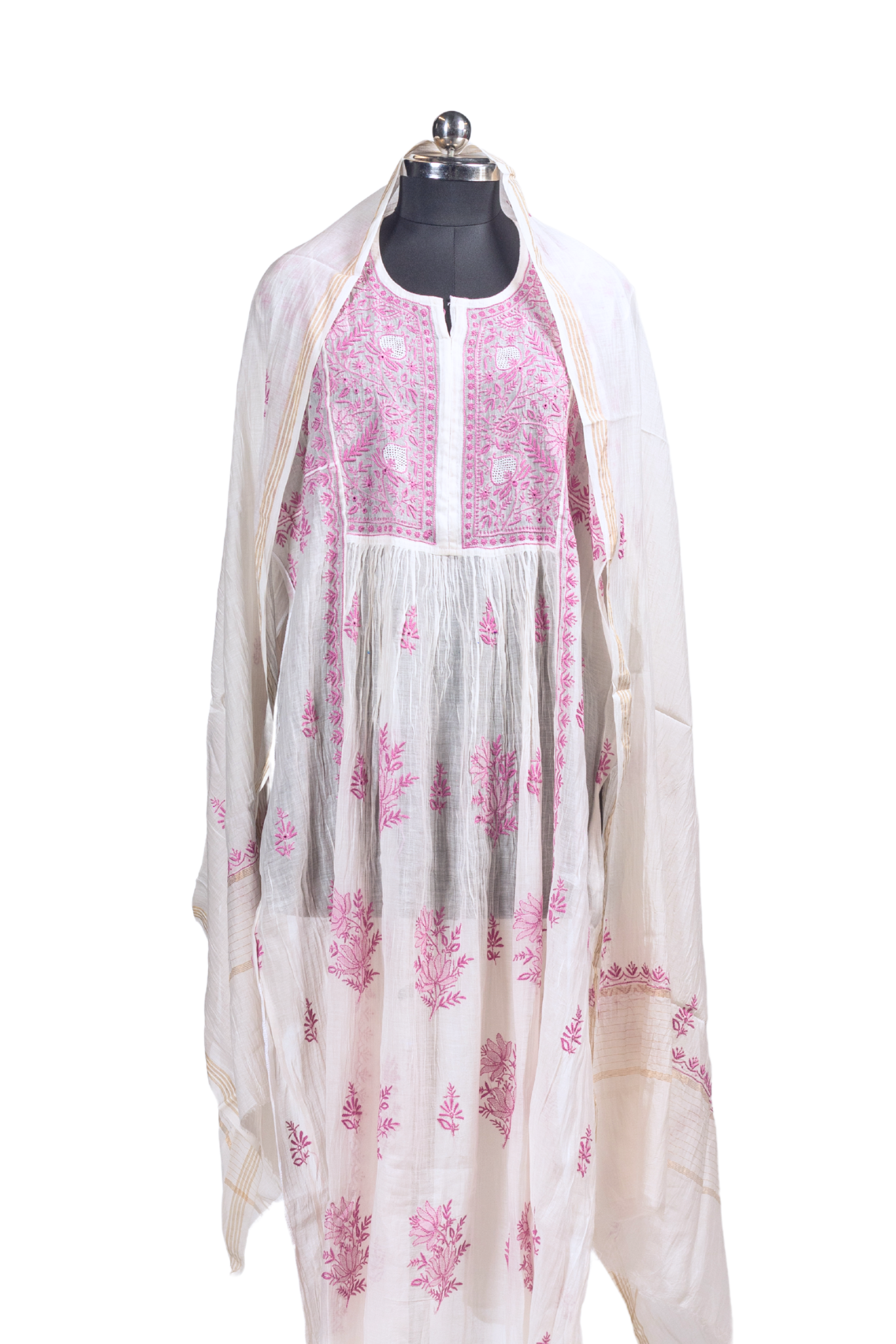 Mul Chanderi Semi-stitched Chikankari Anarkali Suit (3 Piece, Off-White with Coloured Embroidery)