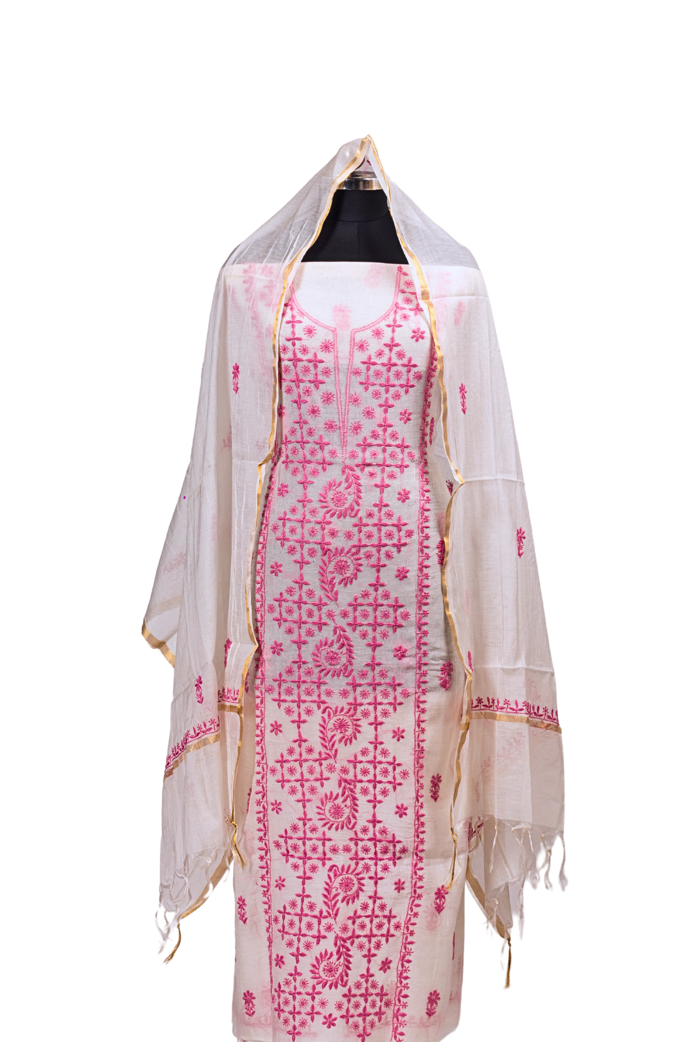 Mul Chikankari Suit with Panel Work (3 Piece, Unstitched, White/Dark Pink)