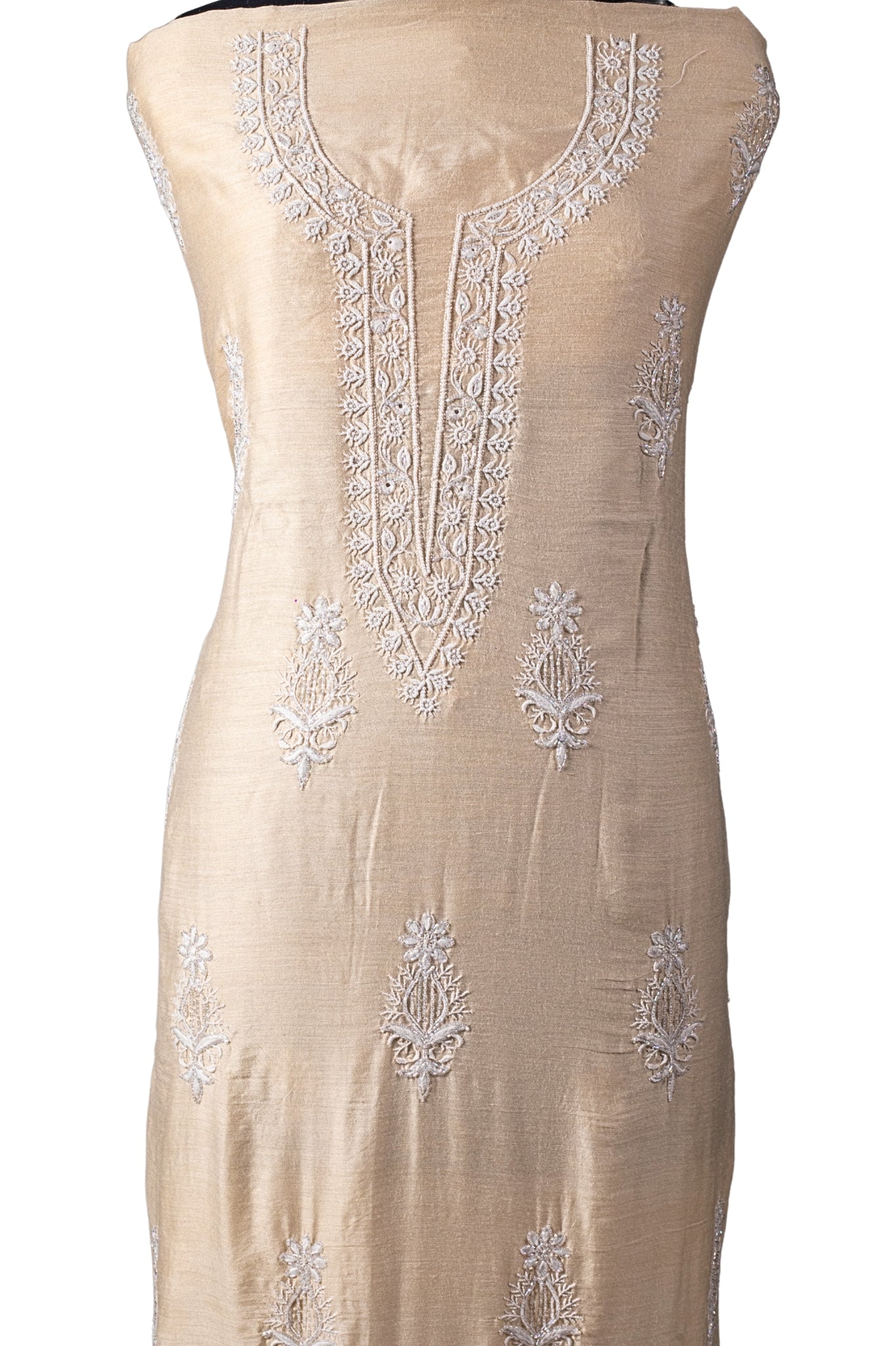 Moga Silk Chikankari Suit with Moti Work(3 Piece, Unstitched, Beige)