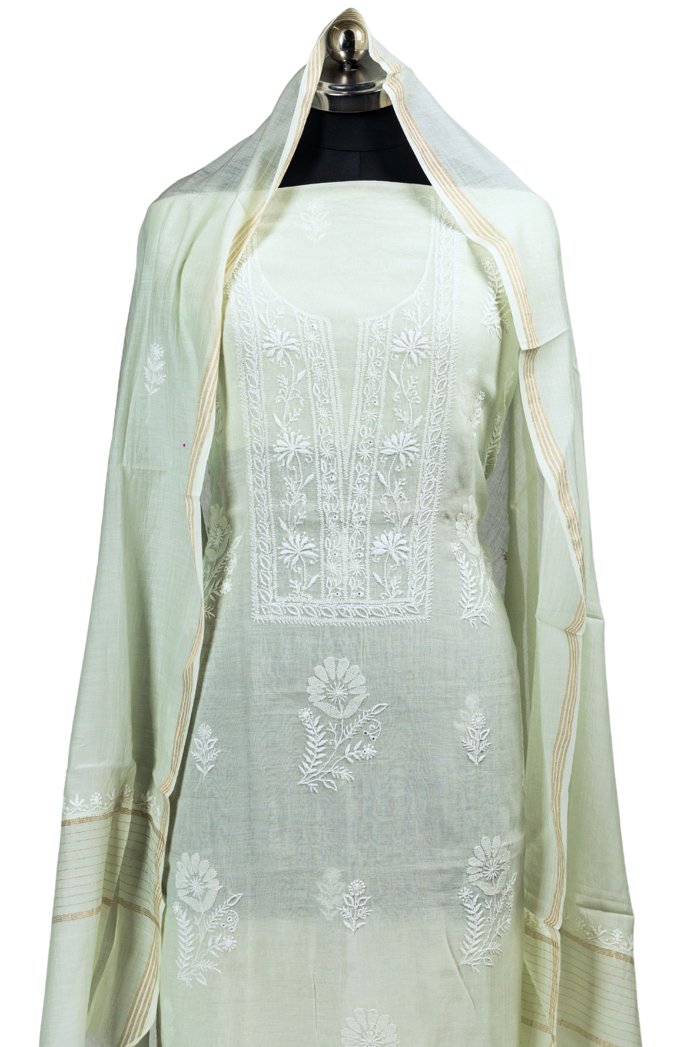 Mul Chikankari Suit with Gala Buti Work (3 Piece, Unstitched, Sage Green)