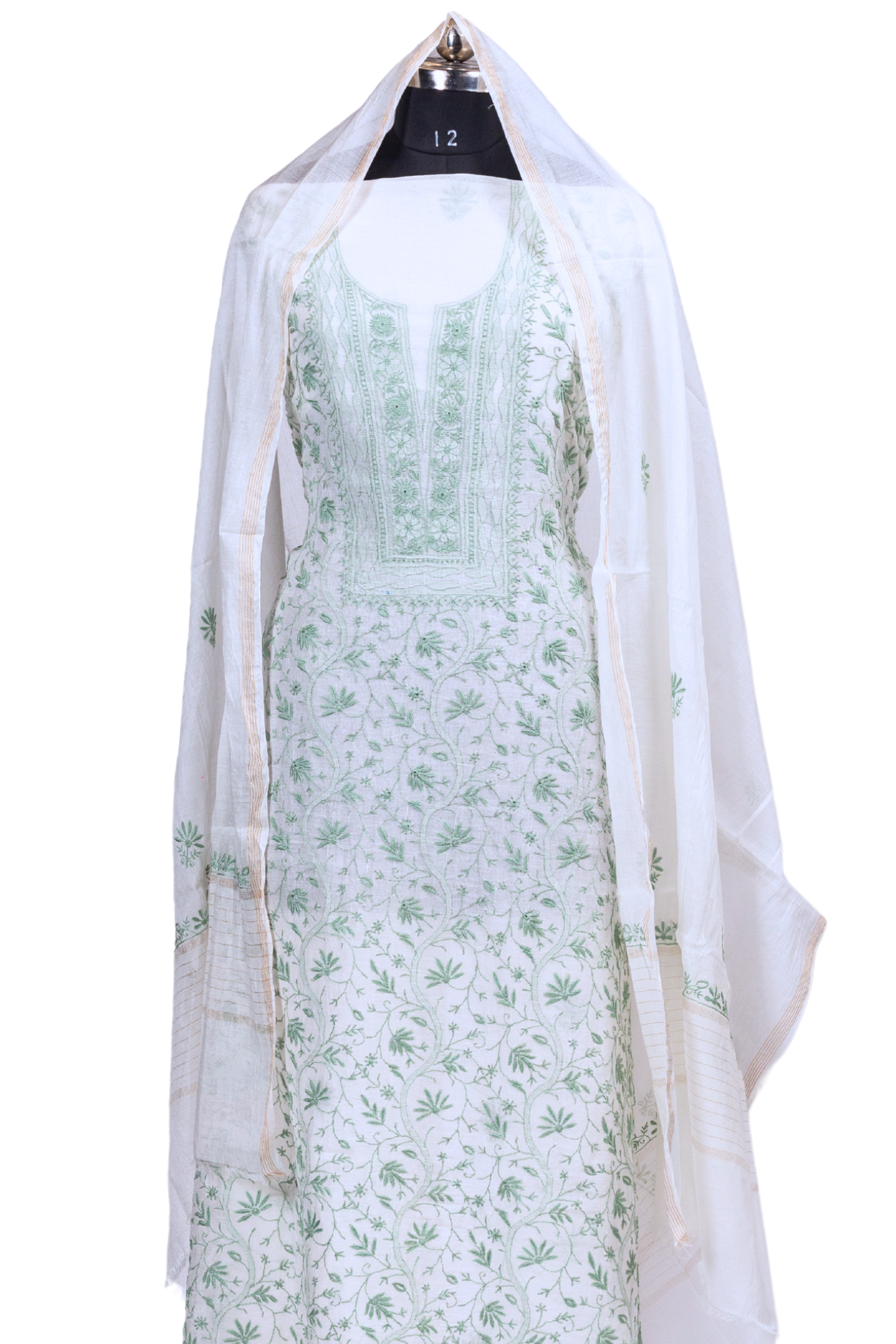 Mul Chanderi Chikankari Suit with Full Jaal Work (3 Piece, Unstitched, Off-White/Green)