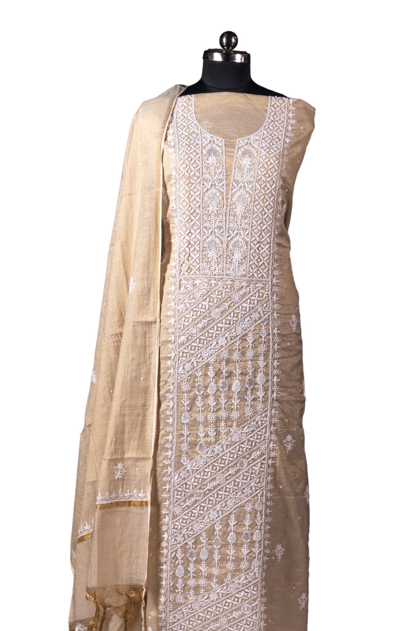 Tissue Chikankari Suit with Cutdana Moti Work (3 Piece, Unstitched, Beige)