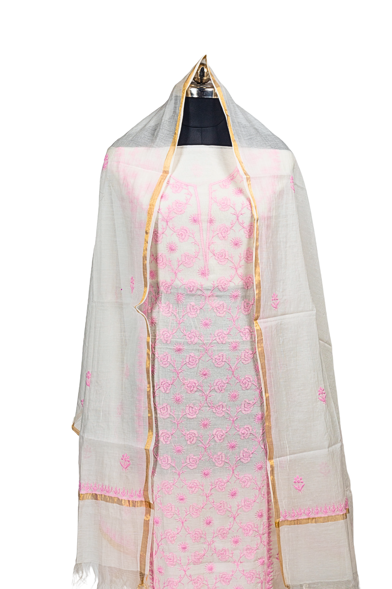 Mul Chikankari Suit with Panel Work (3 Piece, Unstitched, White/Pink)