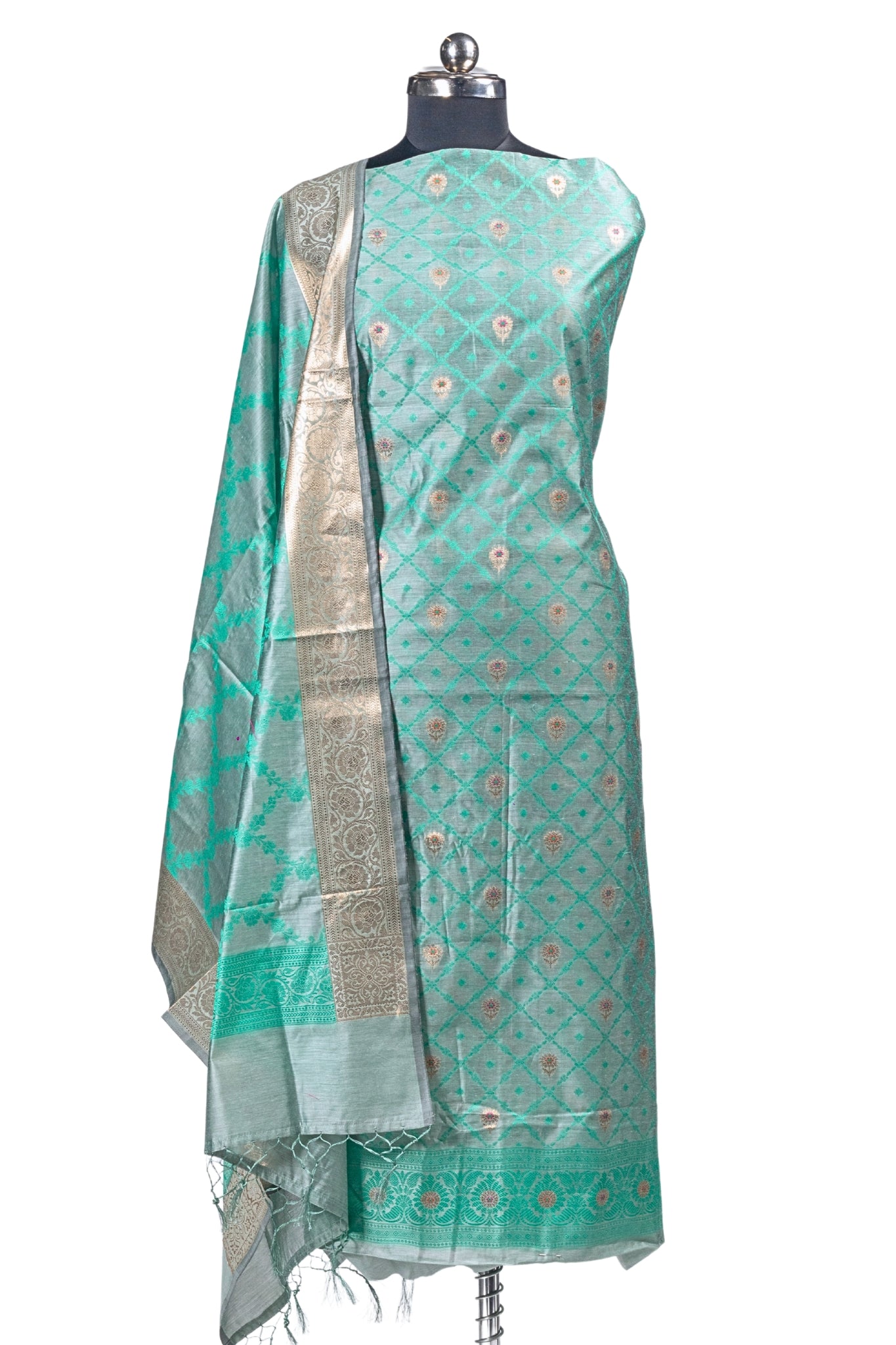 Banarasi Silk Suit(3 Piece, Unstitched, Green)