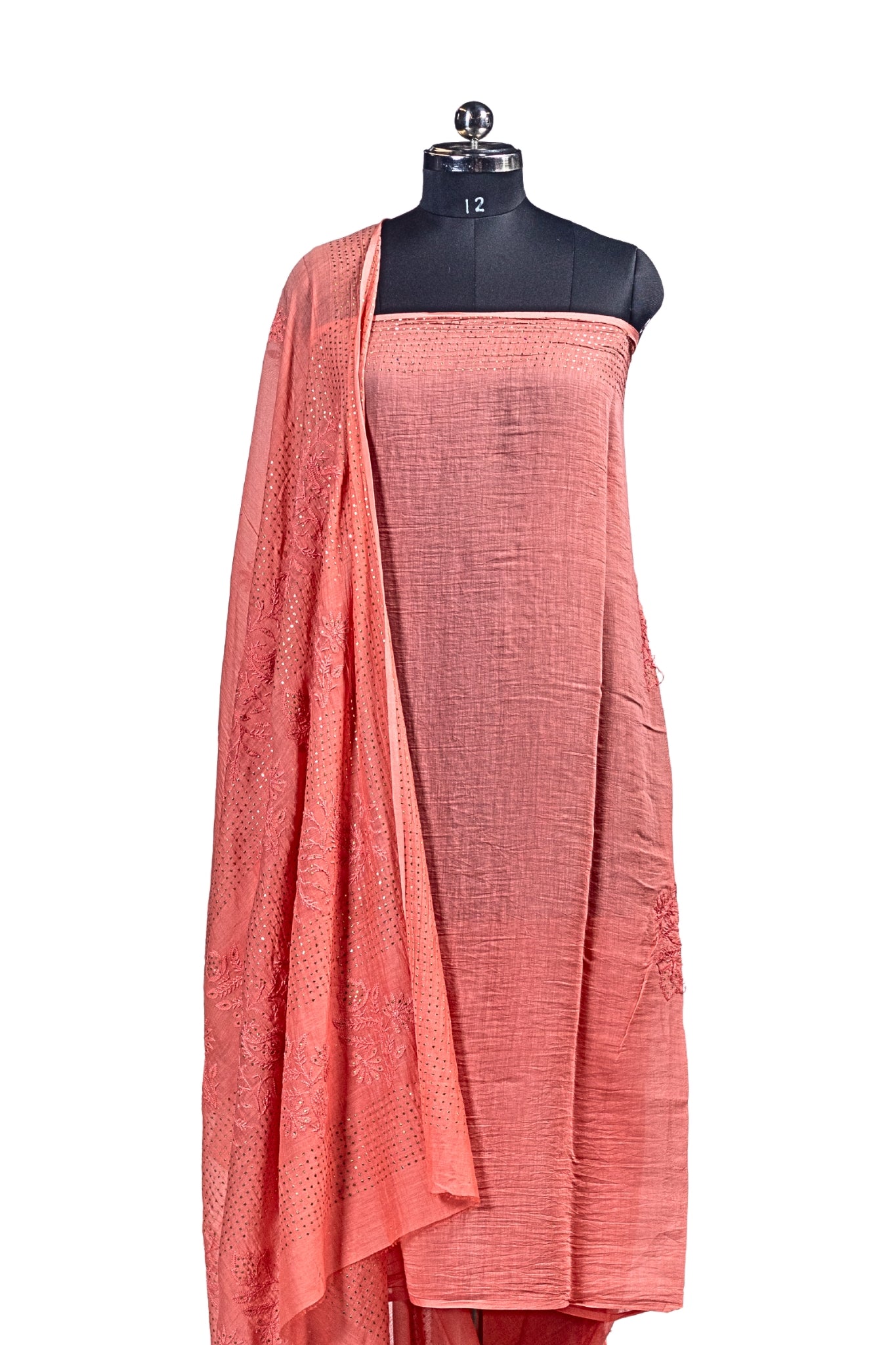 Mul Chanderi Chikankari Saree with Mukaish Work (Brick Red)
