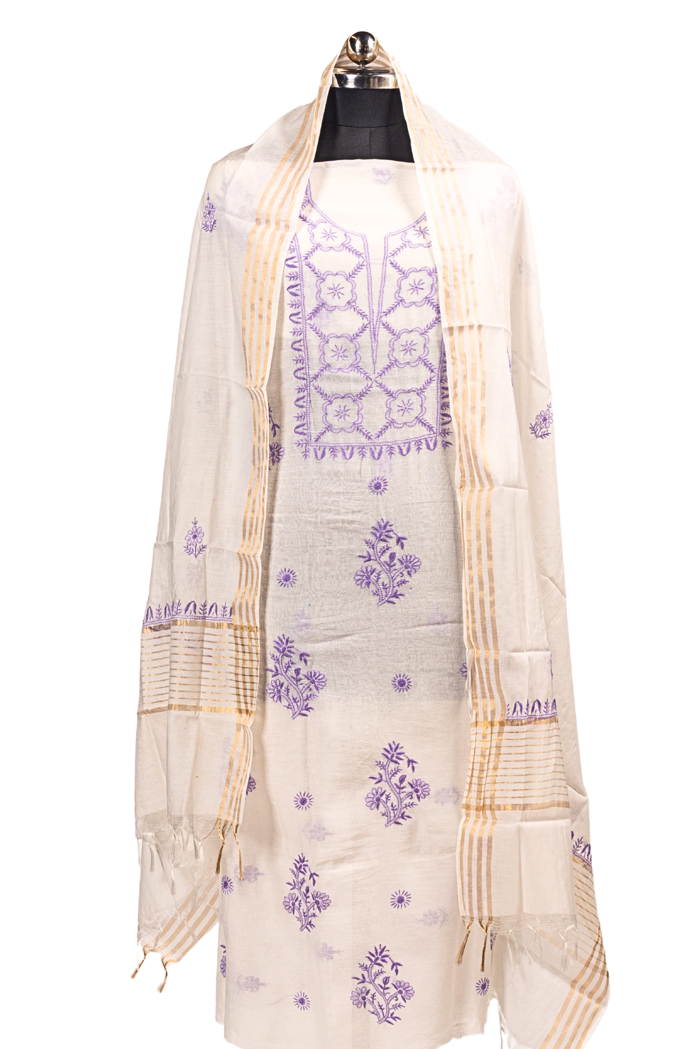 Mul Chikankari Suit with Gala Buti Work (3 Piece, Unstitched, White/Purple)