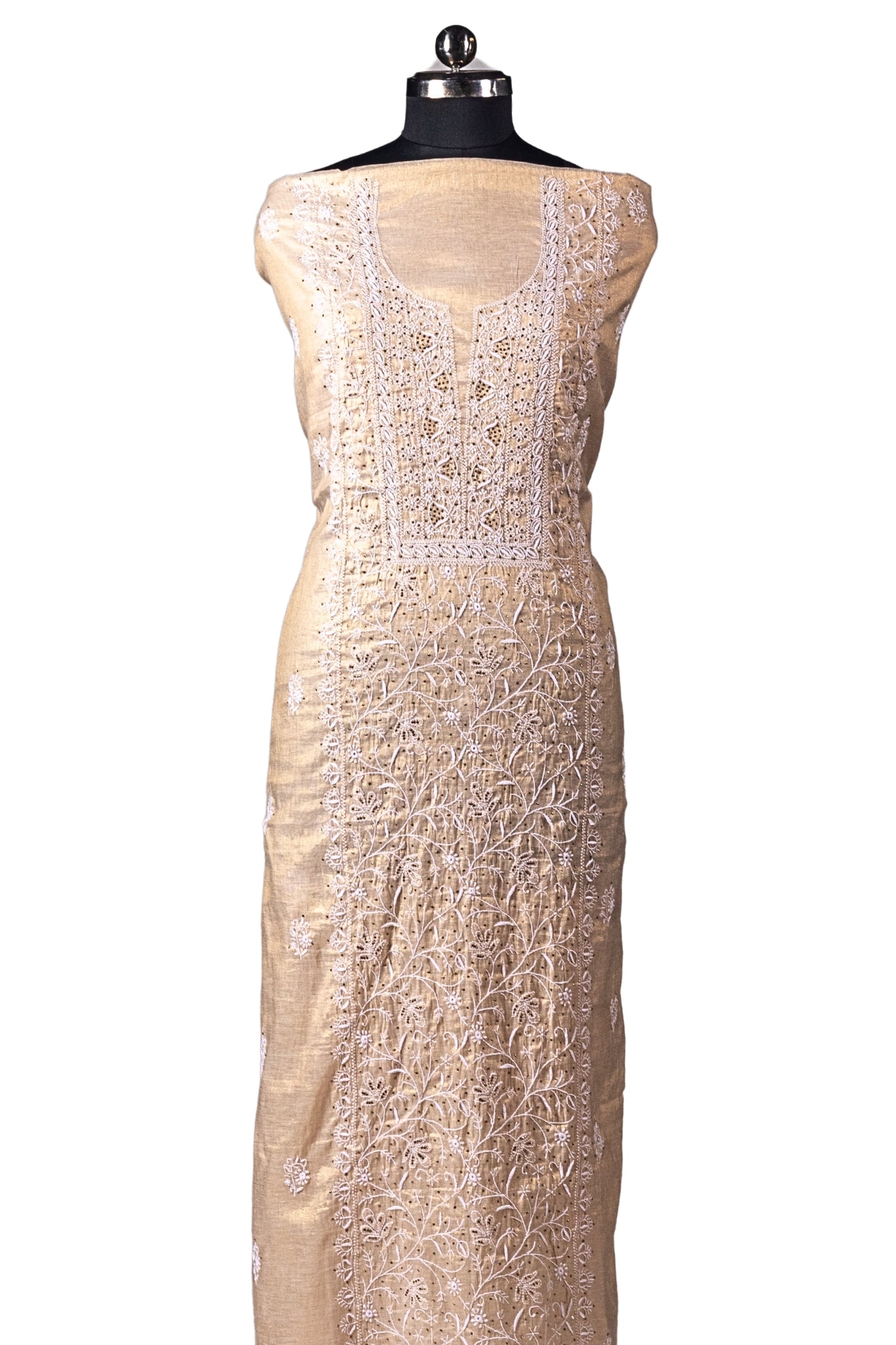 Tissue Chikankari Suit with Mukaish Work (3 Piece, Unstitched, Beige)