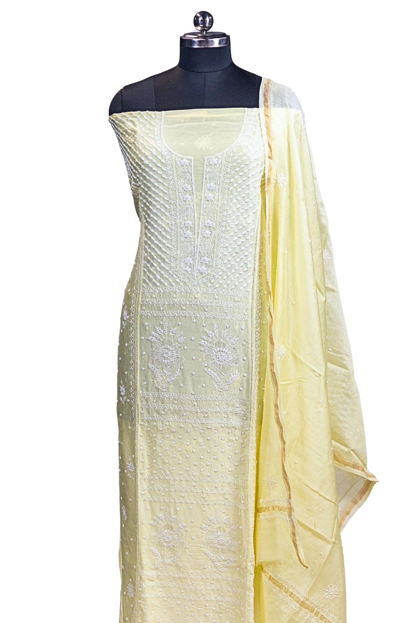 Mul Chanderi Chikankari Suit with Cutdana Moti Work (3 Piece, Unstitched, Yellow)