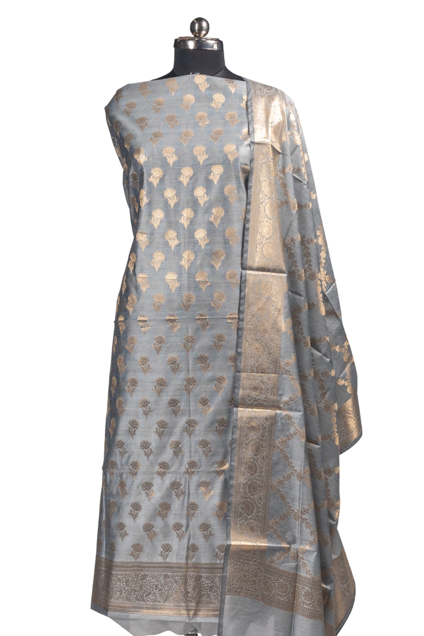 Banarasi Silk Suit(3 Piece, Unstitched, Grey)