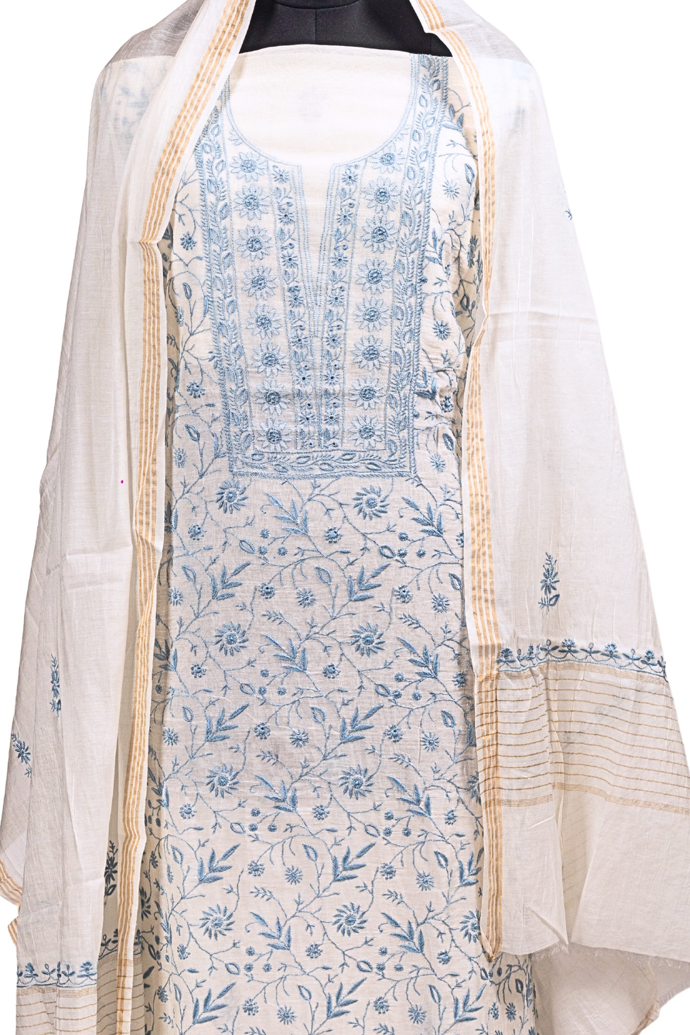 Mul Chanderi Chikankari Suit with Full Jaal Work (3 Piece, Unstitched, Off-White/Blue)