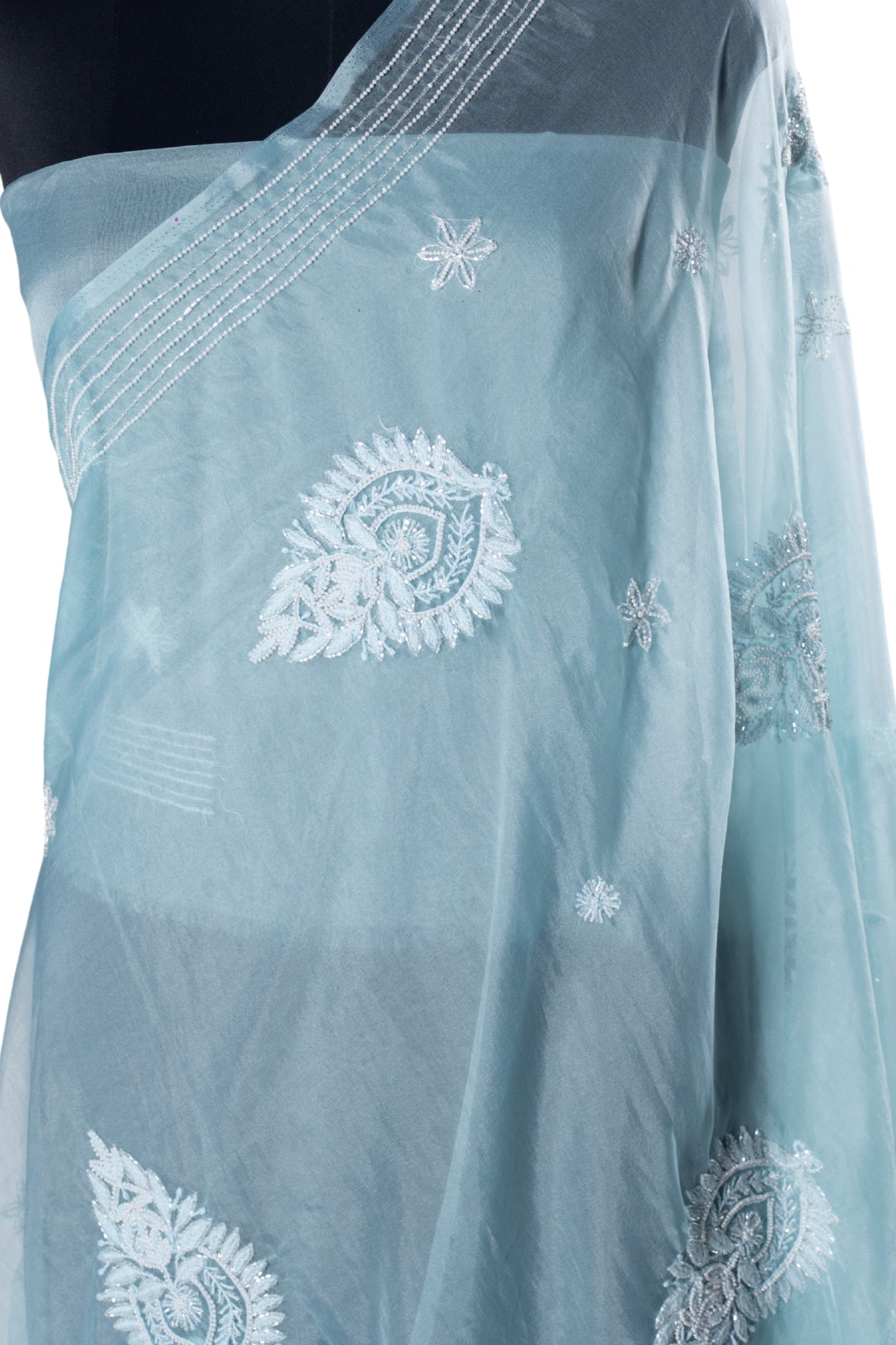 Organza Saree with Chikankari Cutdana Work(Powder Blue)