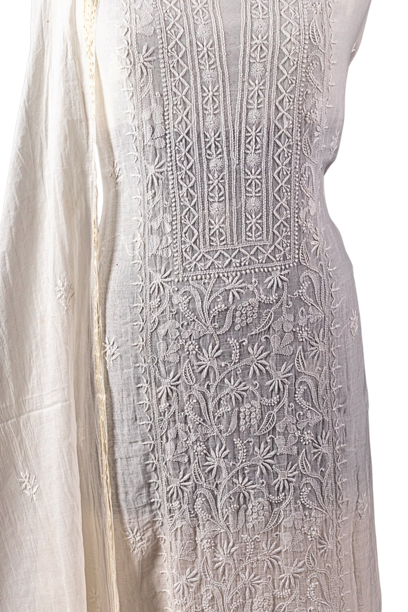 Mul Chikankari Suit with Panel Work (3 Piece, Unstitched, White)