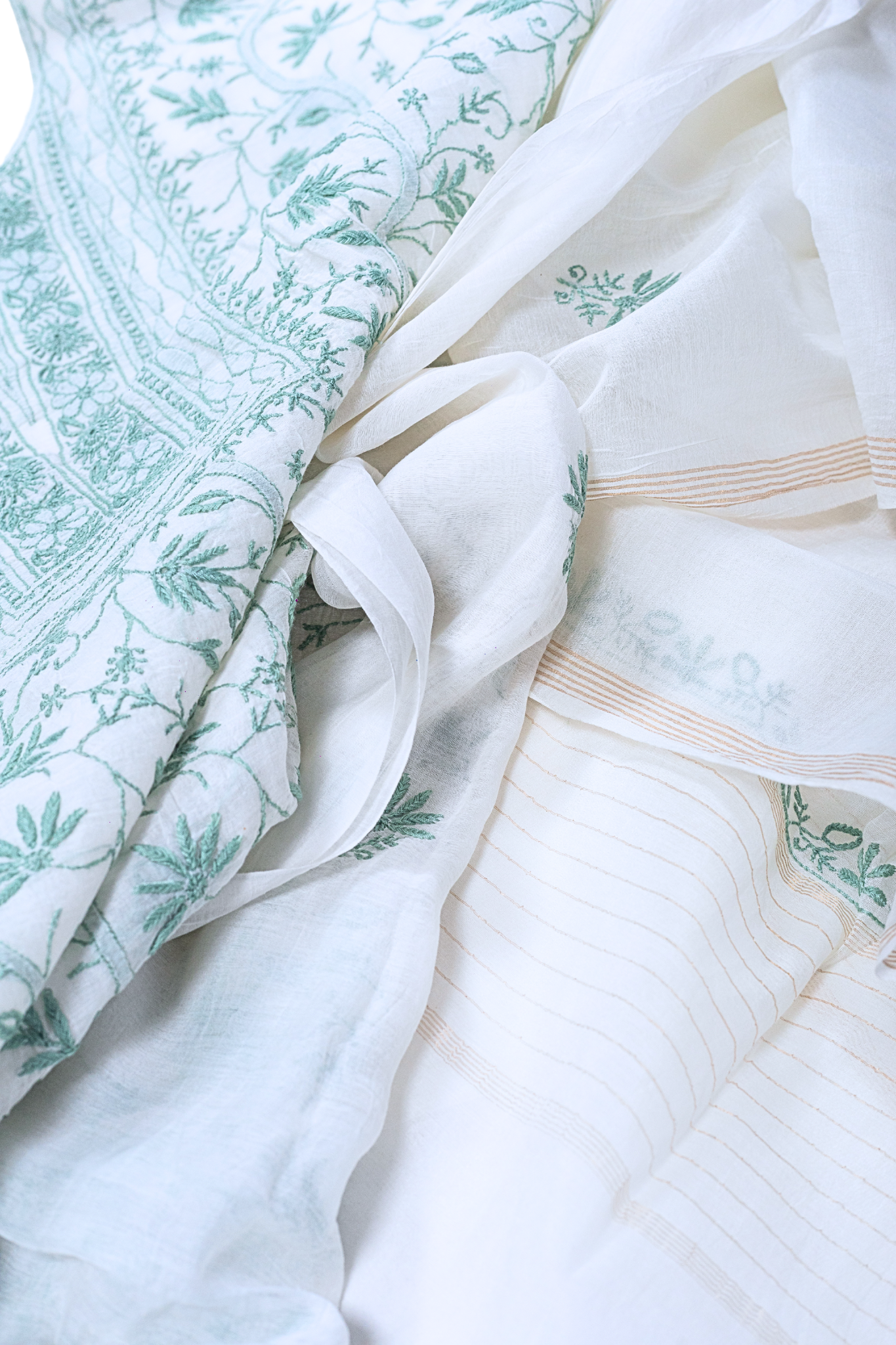 Mul Chanderi Chikankari Suit with Full Jaal Work (3 Piece, Unstitched, Off-White/Green)