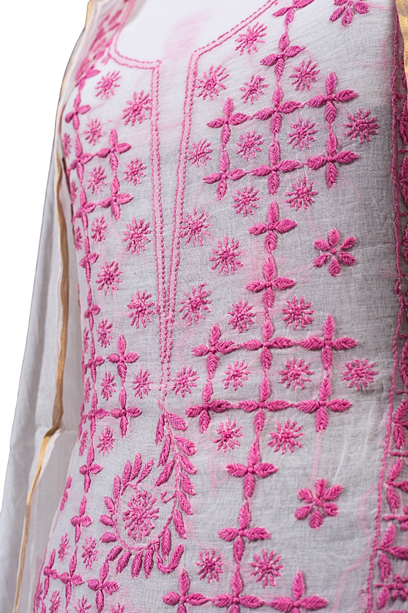 Mul Chikankari Suit with Panel Work (3 Piece, Unstitched, White/Dark Pink)