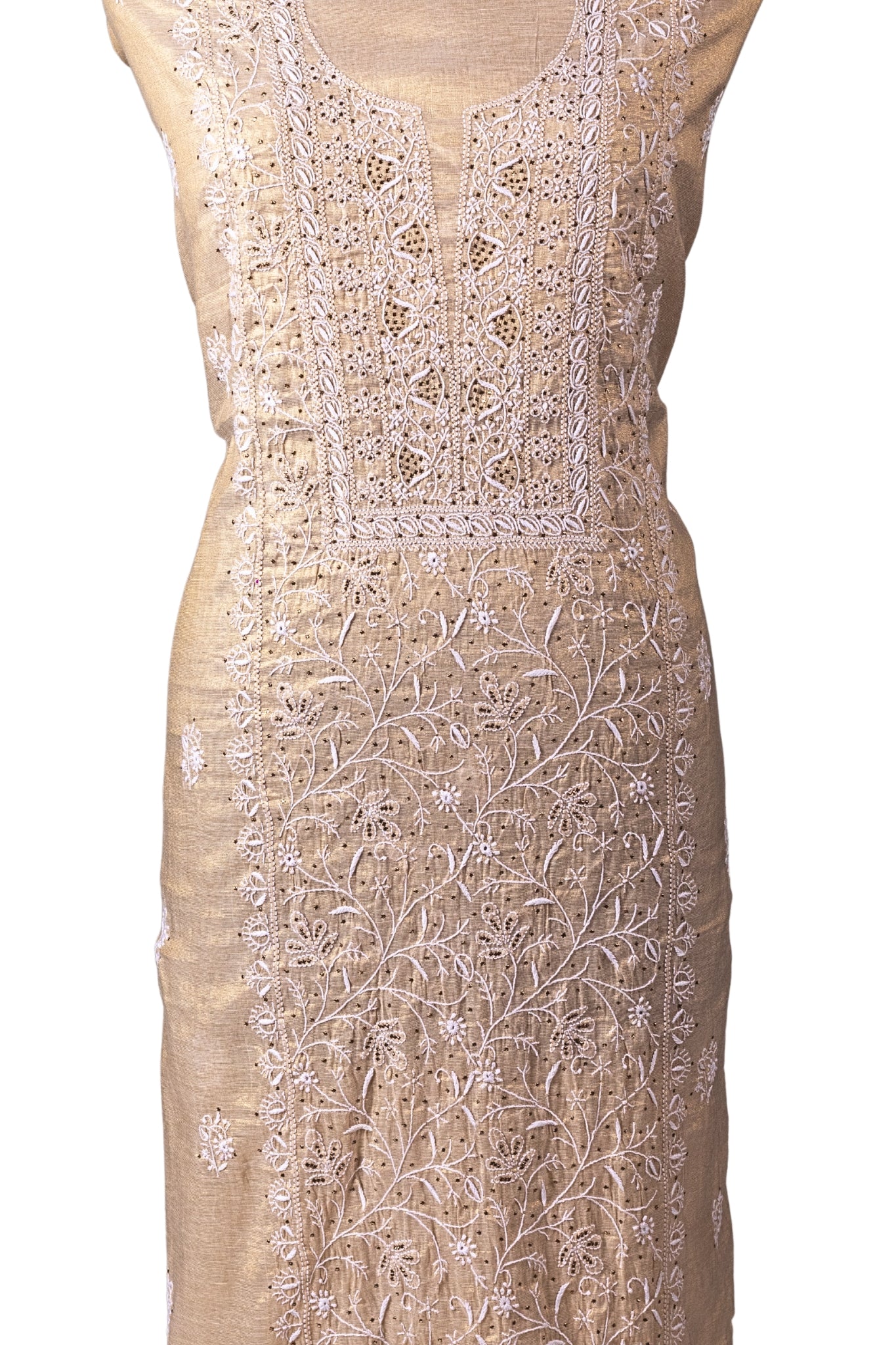 Tissue Chikankari Suit with Mukaish Work (3 Piece, Unstitched, Beige)