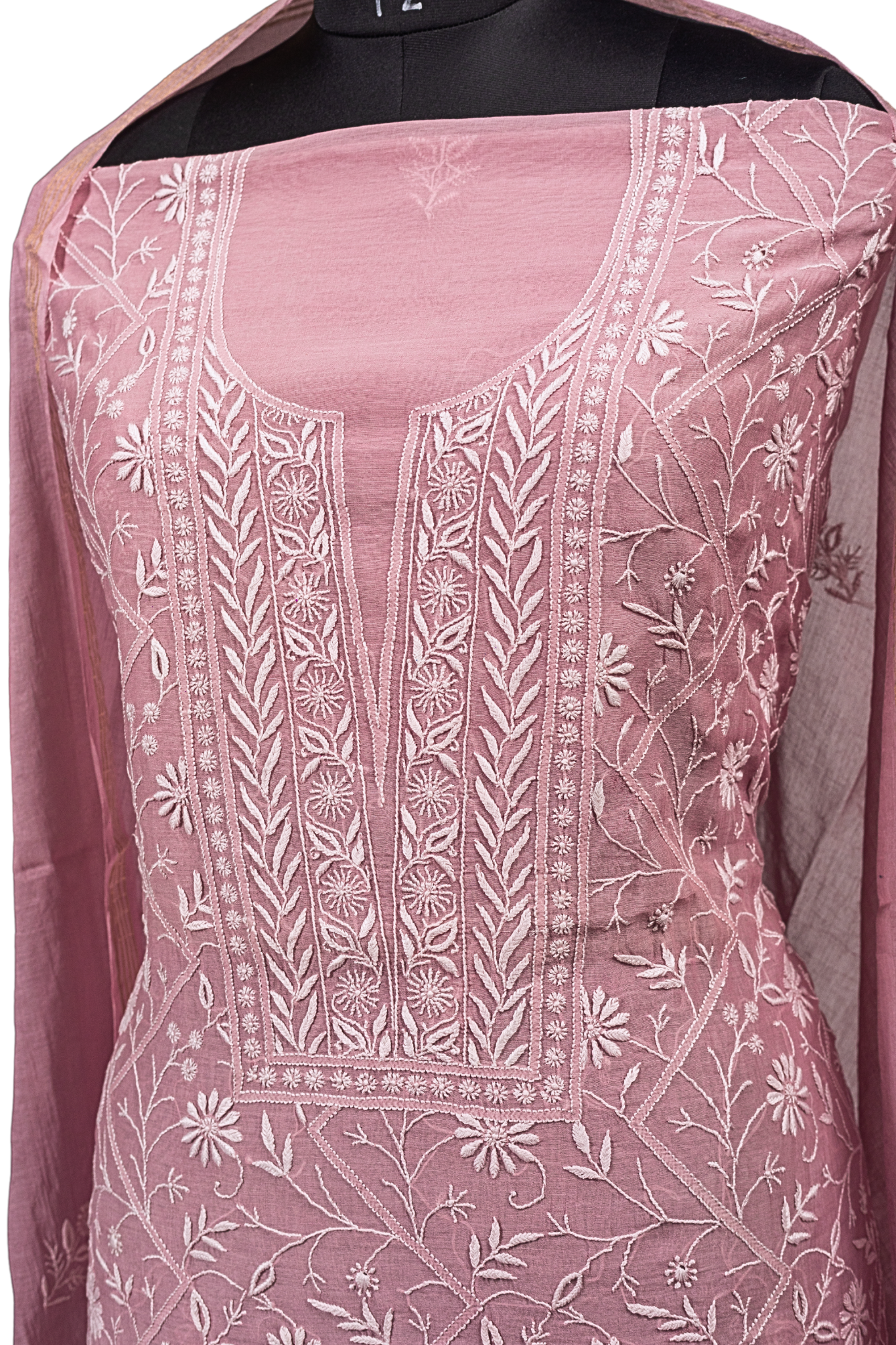 Mul Chanderi Chikankari Suit with Phool Patti & Jaal Work (3 Piece, Unstitched, Onion Pink)