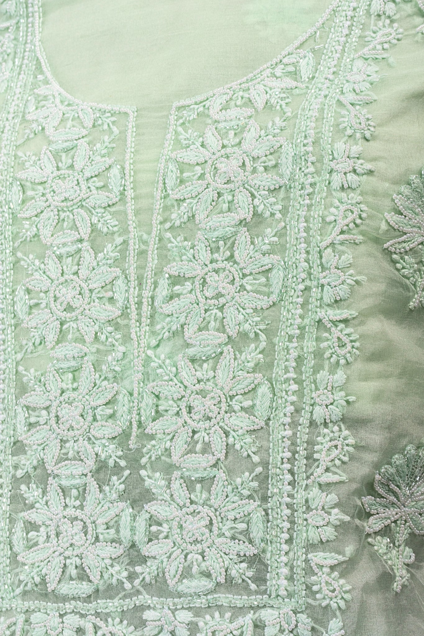 Organza Chikankari Suit with Cutdana Moti Work(4 Piece, Unstitched, Sea Green)