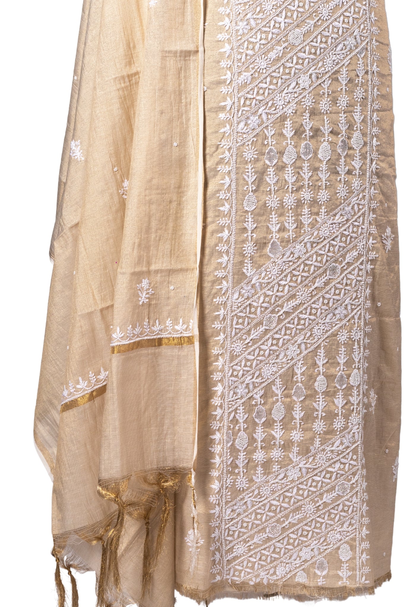 Tissue Chikankari Suit with Cutdana Moti Work (3 Piece, Unstitched, Beige)